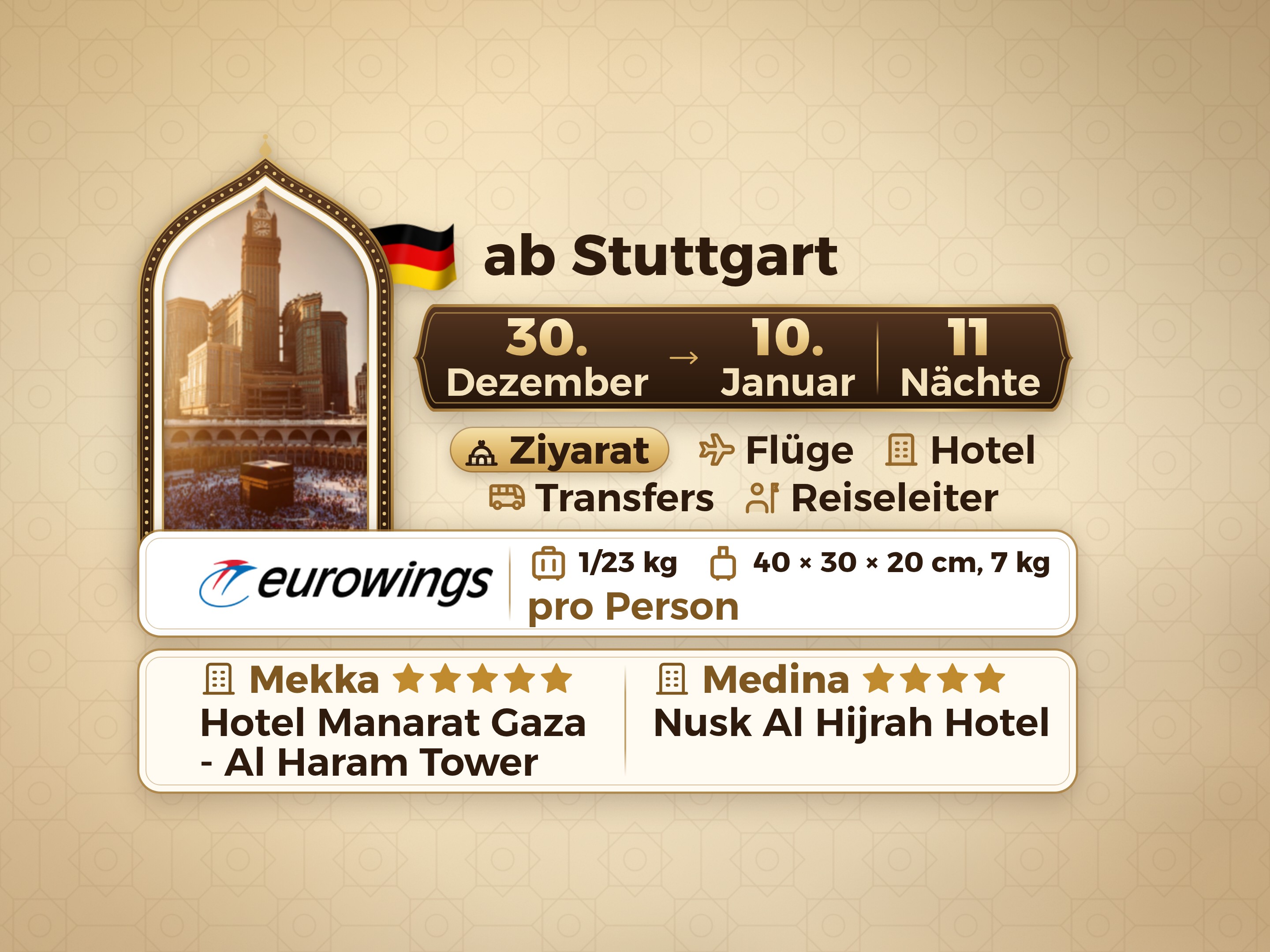 Umrah-Paket für 12 Tage 11 Nächte im Manarat Giza Hotel in Mekka und im Nesk Al-Hijra Hotel in Medina