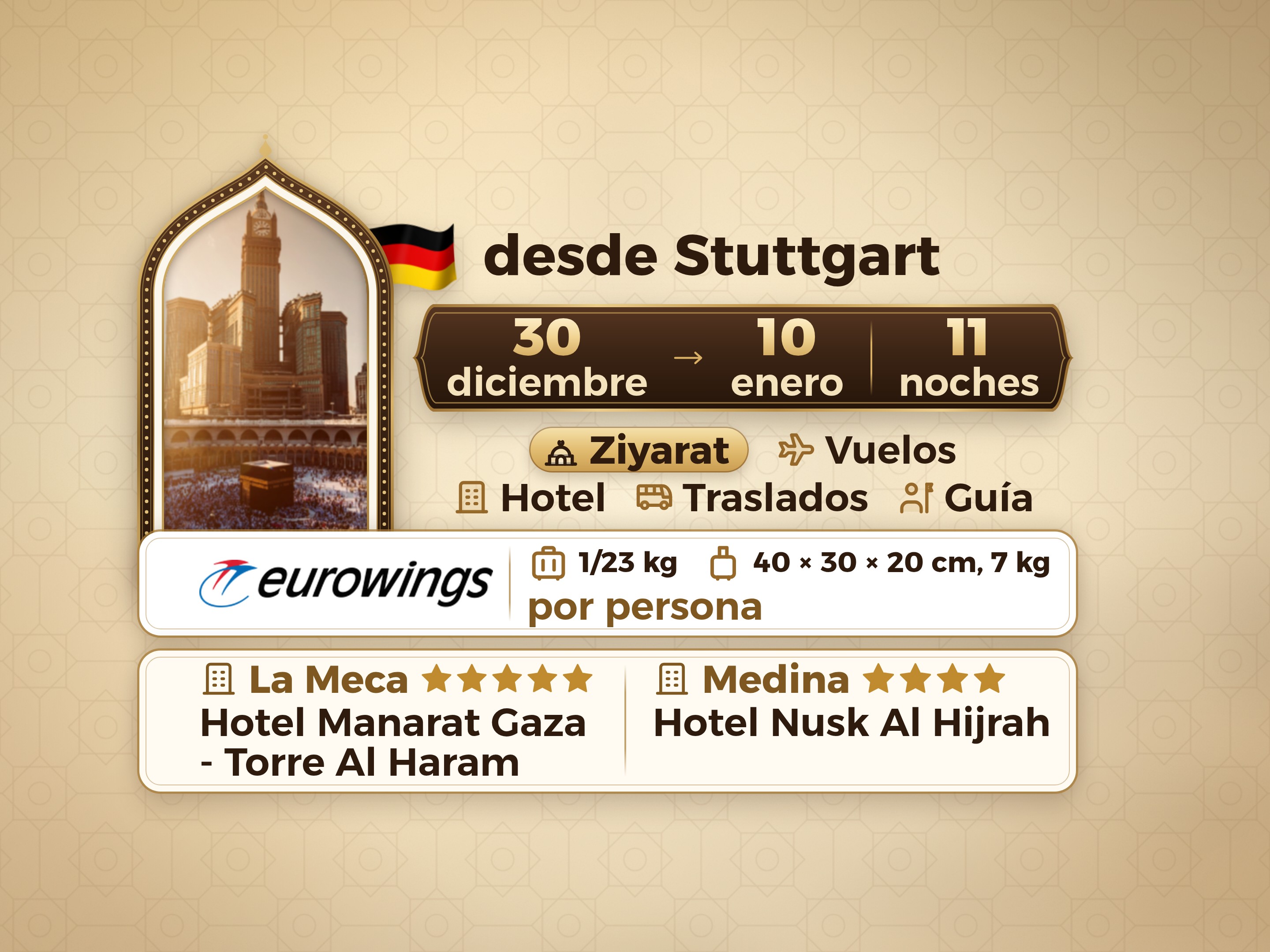 Paquete de Umrah de 12 días y 11 noches en el hotel Manarat Giza en La Meca y el hotel Nesk Al-Hijra en Medina