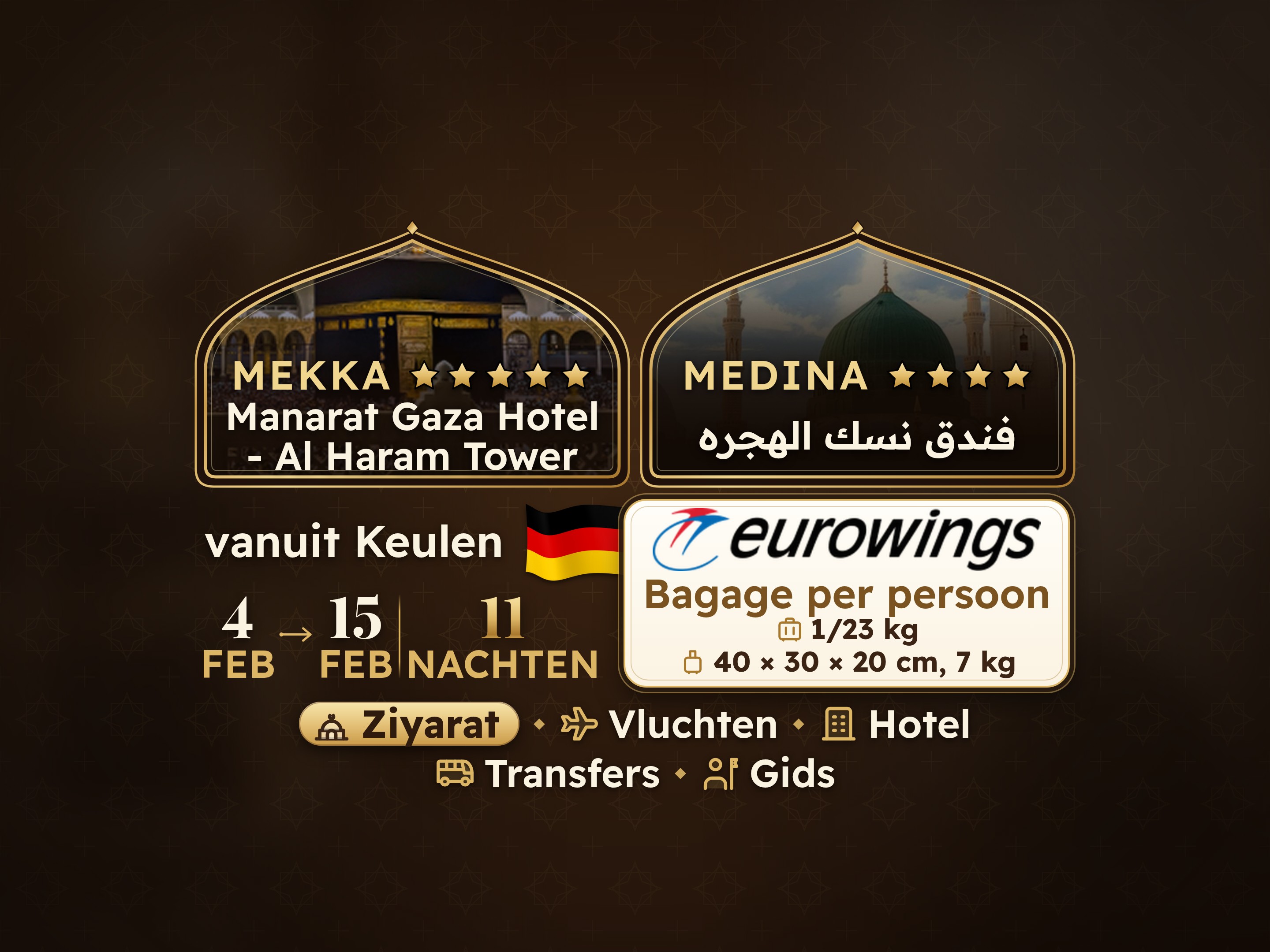 Ramadan Kareem Umrah Pakket voor 12 dagen 11 nachten in Hotel Manarat Giza in Mekka en Hotel Nusk Hajj in Medina