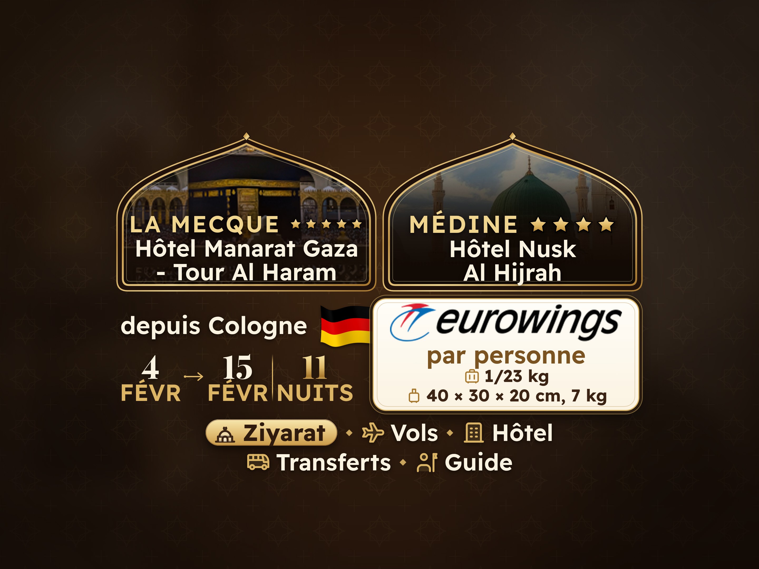 Forfait Omra Ramadan Kareem de 12 jours et 11 nuits à l'hôtel Manarat Giza à La Mecque et à l'hôtel Nusk Alhijra à Médine