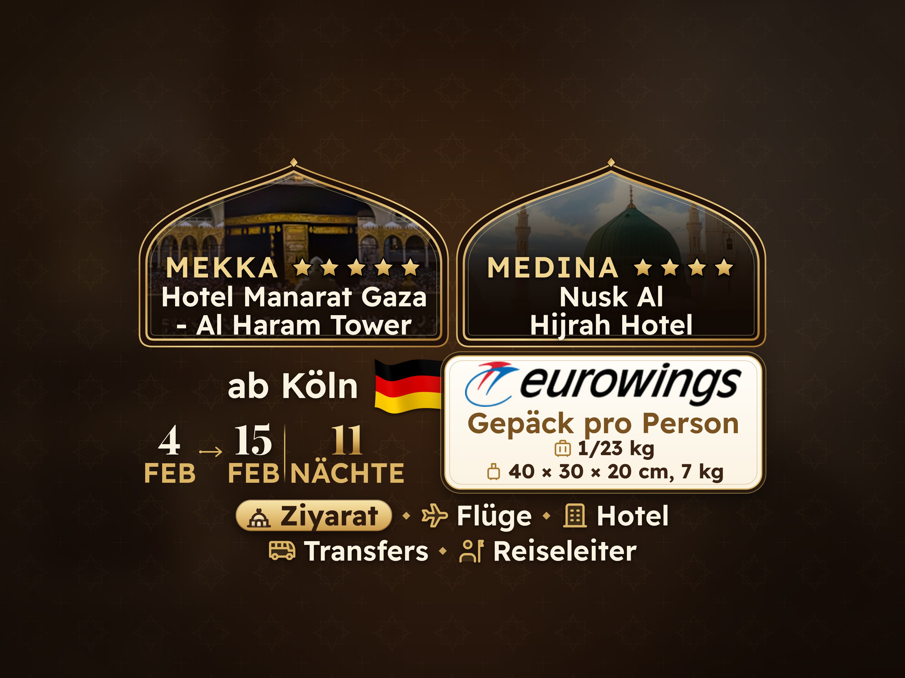 Ramadan Kareem Umrah-Paket für 12 Tage und 11 Nächte im Hotel Manarat Giza in Mekka und im Hotel Nesk Al-Hijra in Medina
