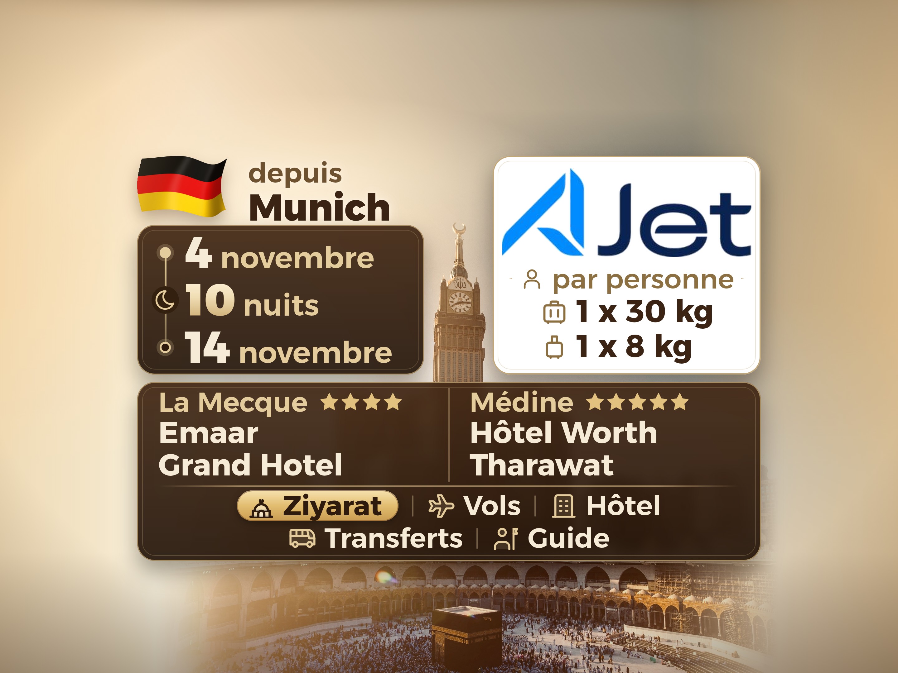 Forfait Umrah 12 jours depuis Munich, Emaar Grand Makkah et Tharawat Worth Madinah, La Mecque – Umrah Express – 1