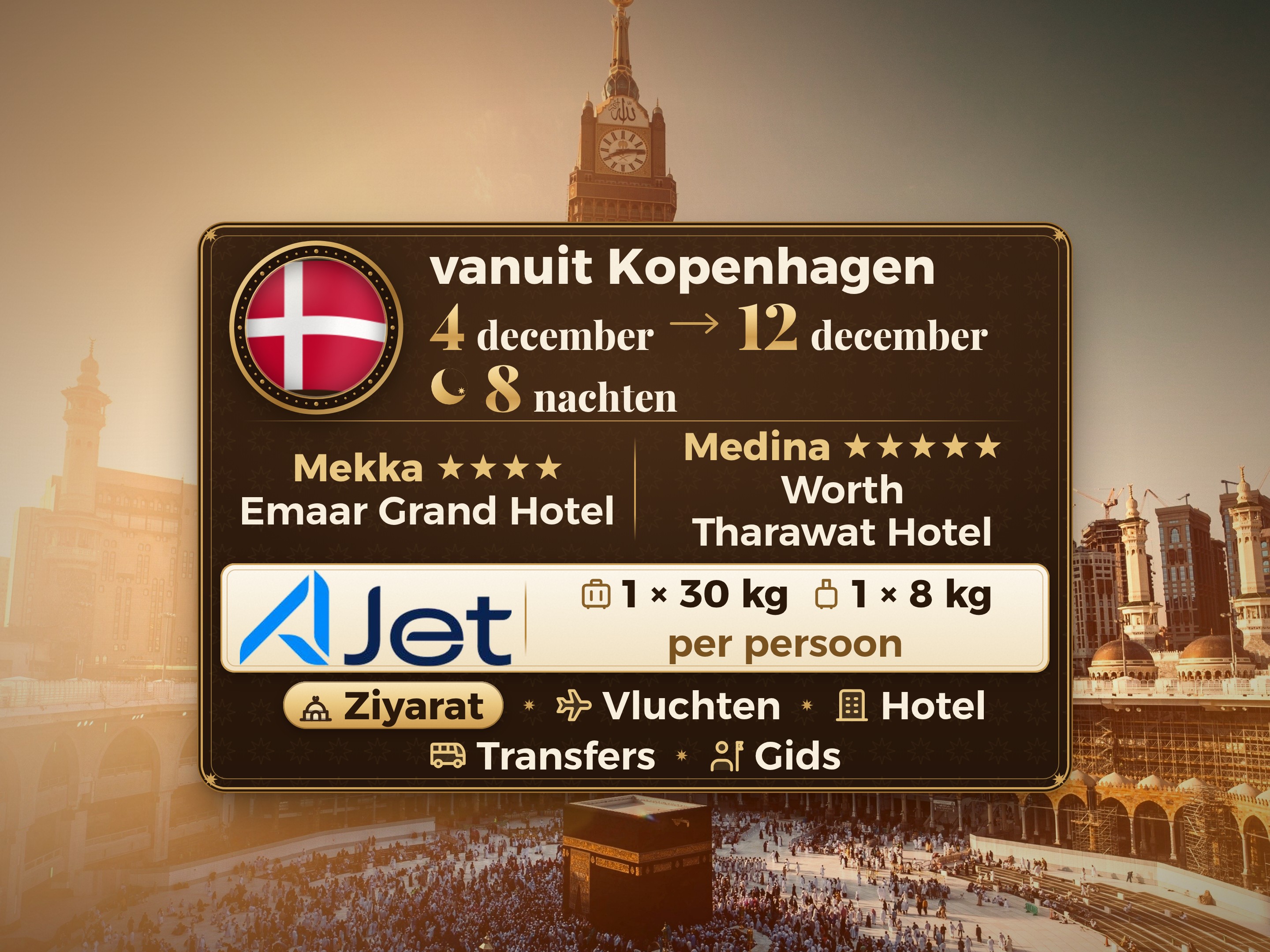Umrah Pakket 10 Dagen vanaf Kopenhagen, Emaar Grand Makkah en Tharawat Worth Madinah