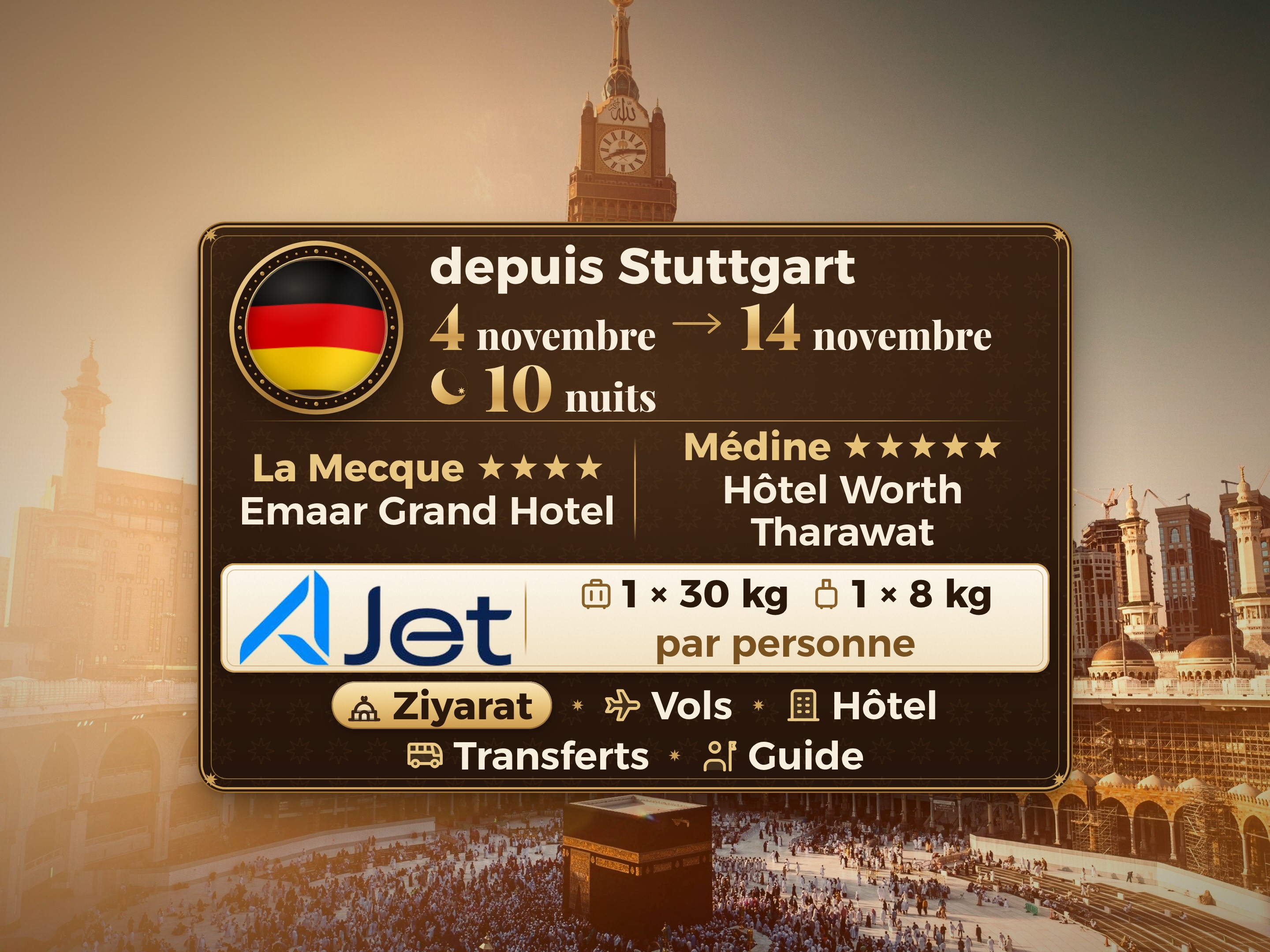 Forfait Umrah 12 Jours depuis Stuttgart, Emaar Grand Makkah et Tharawat Worth Madinah, La Mecque – Umrah Express – 1