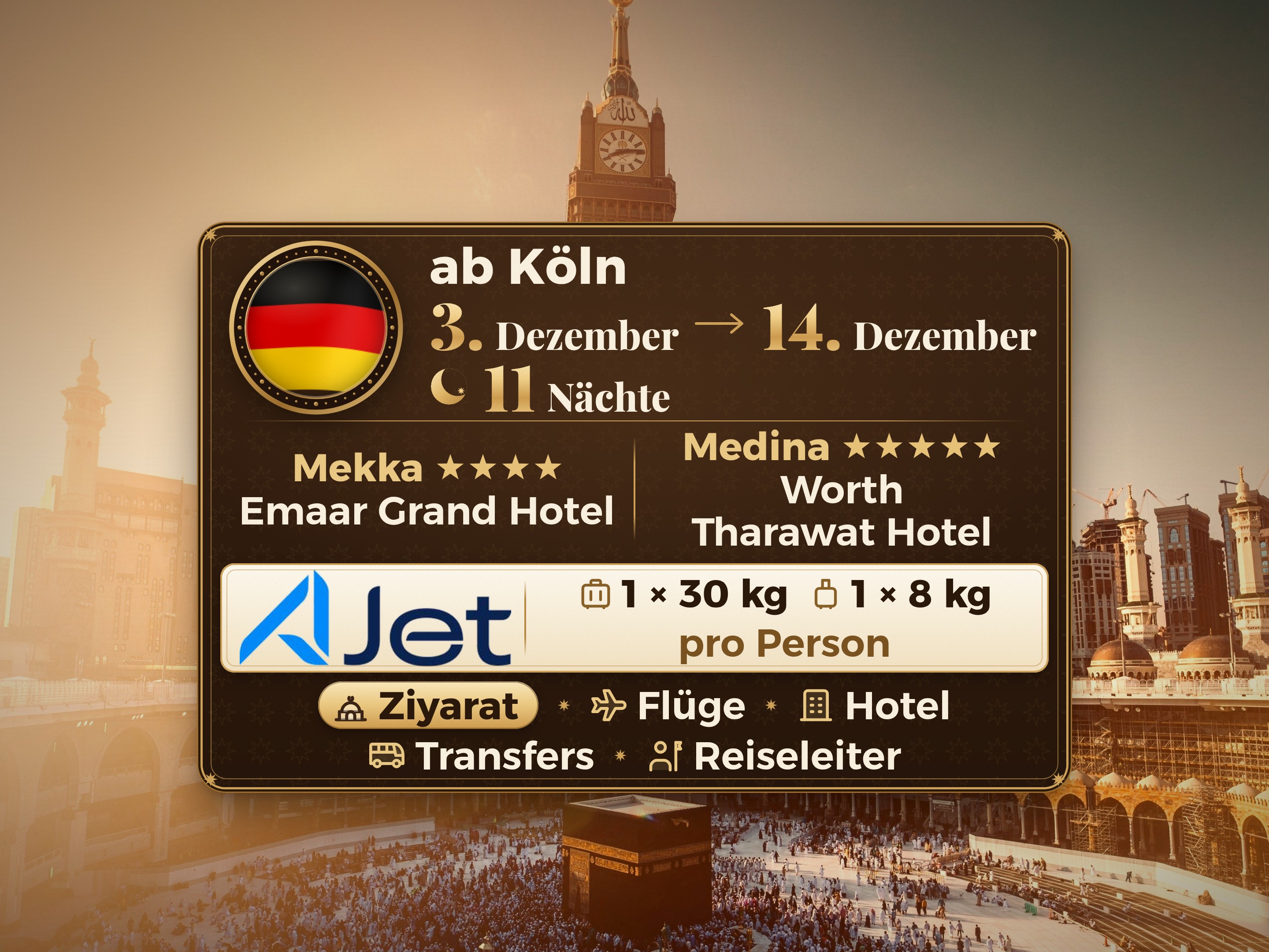 13-Tage-Umrah-Paket ab Köln, Tharawat Worth Madinah und Emaar Grand Makkah