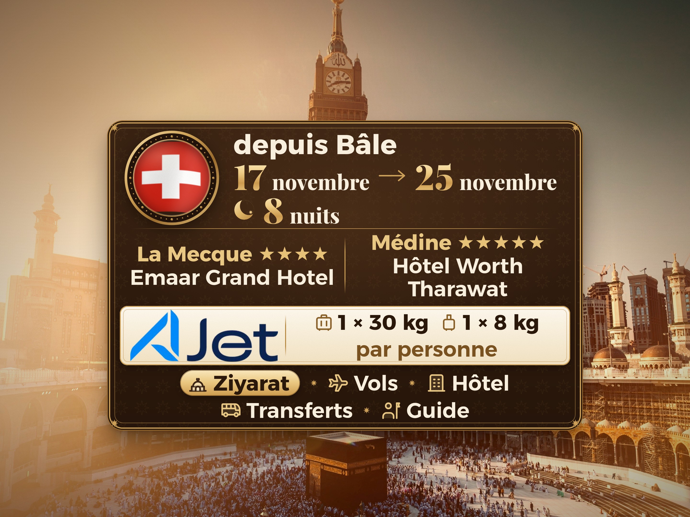 Forfait Umrah 10 Jours depuis Bâle, Tharawat Worth Madinah et Emaar Grand Makkah, La Mecque – Umrah Express – 1