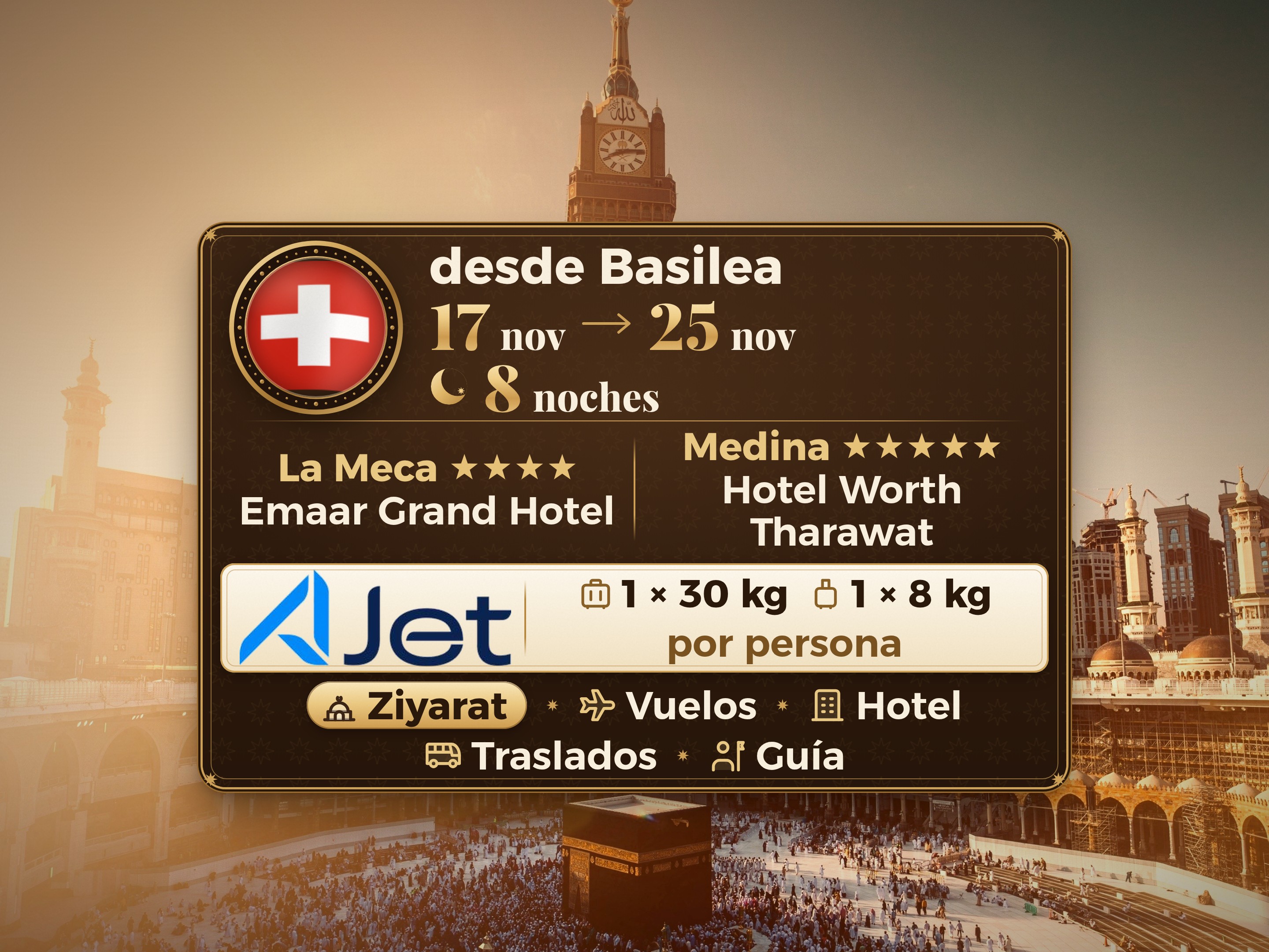 Paquete de Umrah de 10 días desde Basilea, Tharawat Worth Madinah y Emaar Grand Makkah, La Meca – Umrah Express – 1