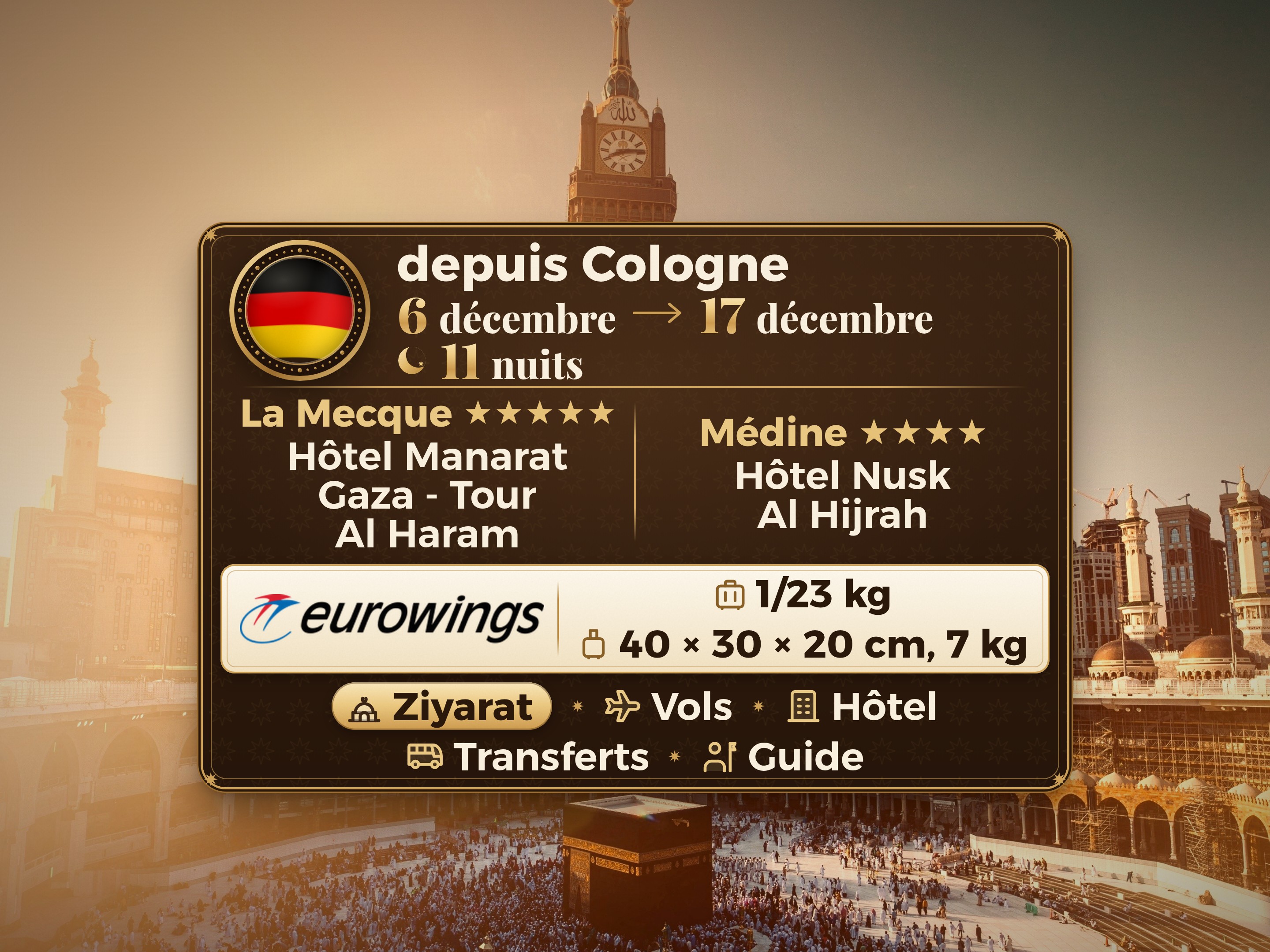 Forfait Umrah de 12 jours 11 nuits à l'hôtel Manarat Giza à La Mecque et à l'hôtel Nesk Alhijra à Médine