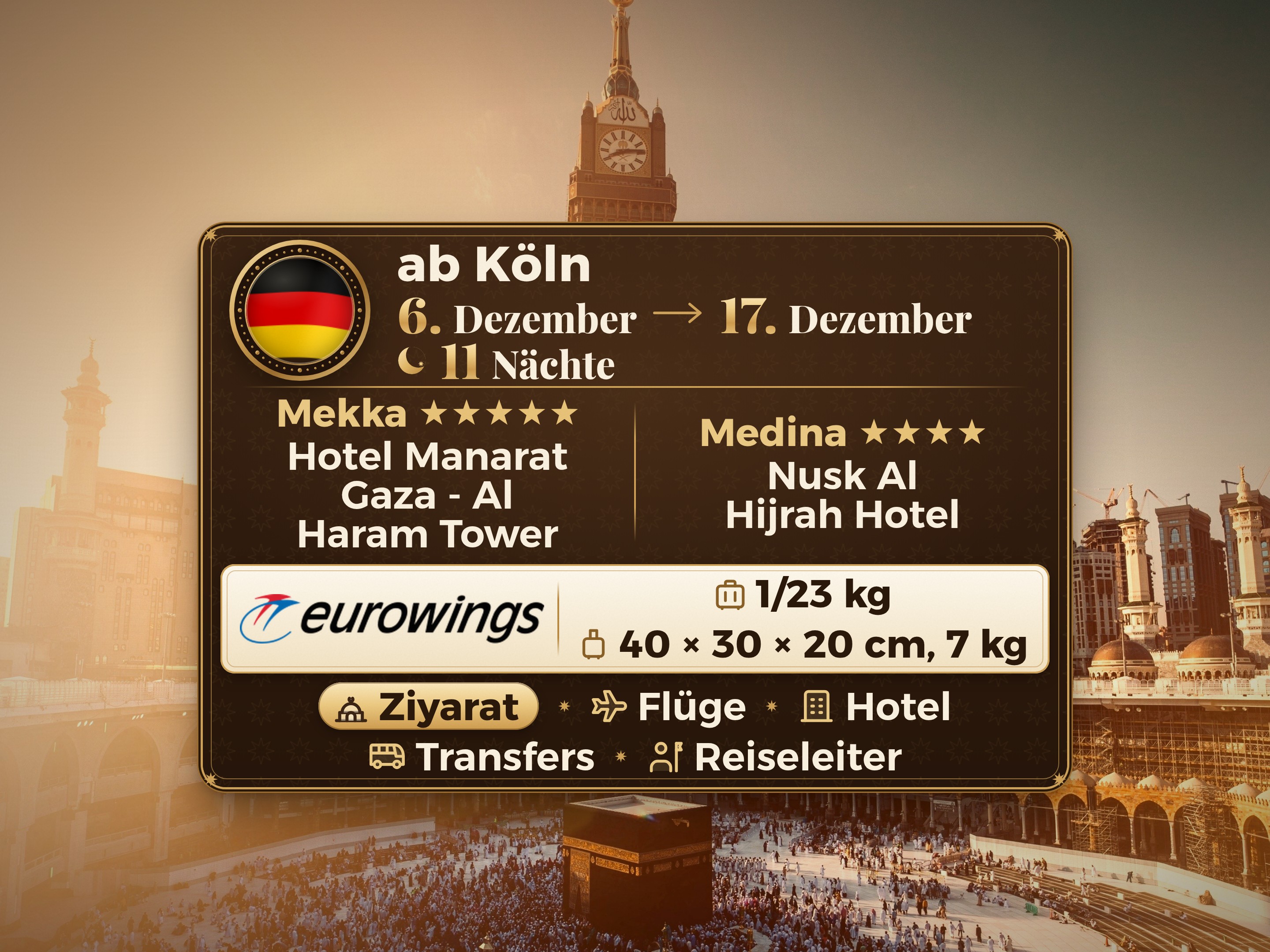 Umrah-Paket für 12 Tage und 11 Nächte im Hotel Manarat Giza in Mekka und im Hotel Nesk Hajj in Medina