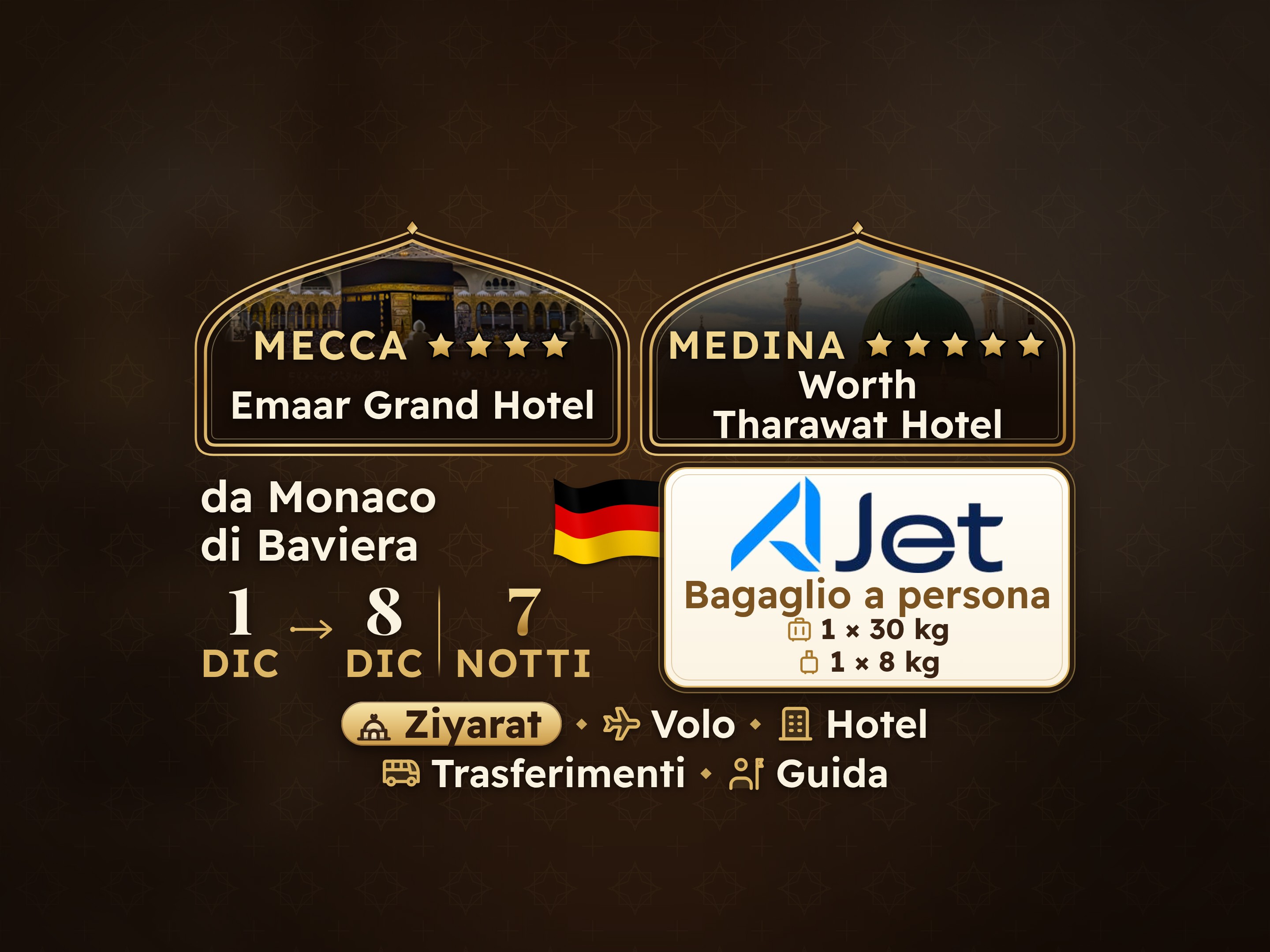 Pacchetto Umrah 9 Giorni da Monaco, Emaar Grand Makkah e Tharawat Worth Madinah, La Mecca – Umrah Express – 1