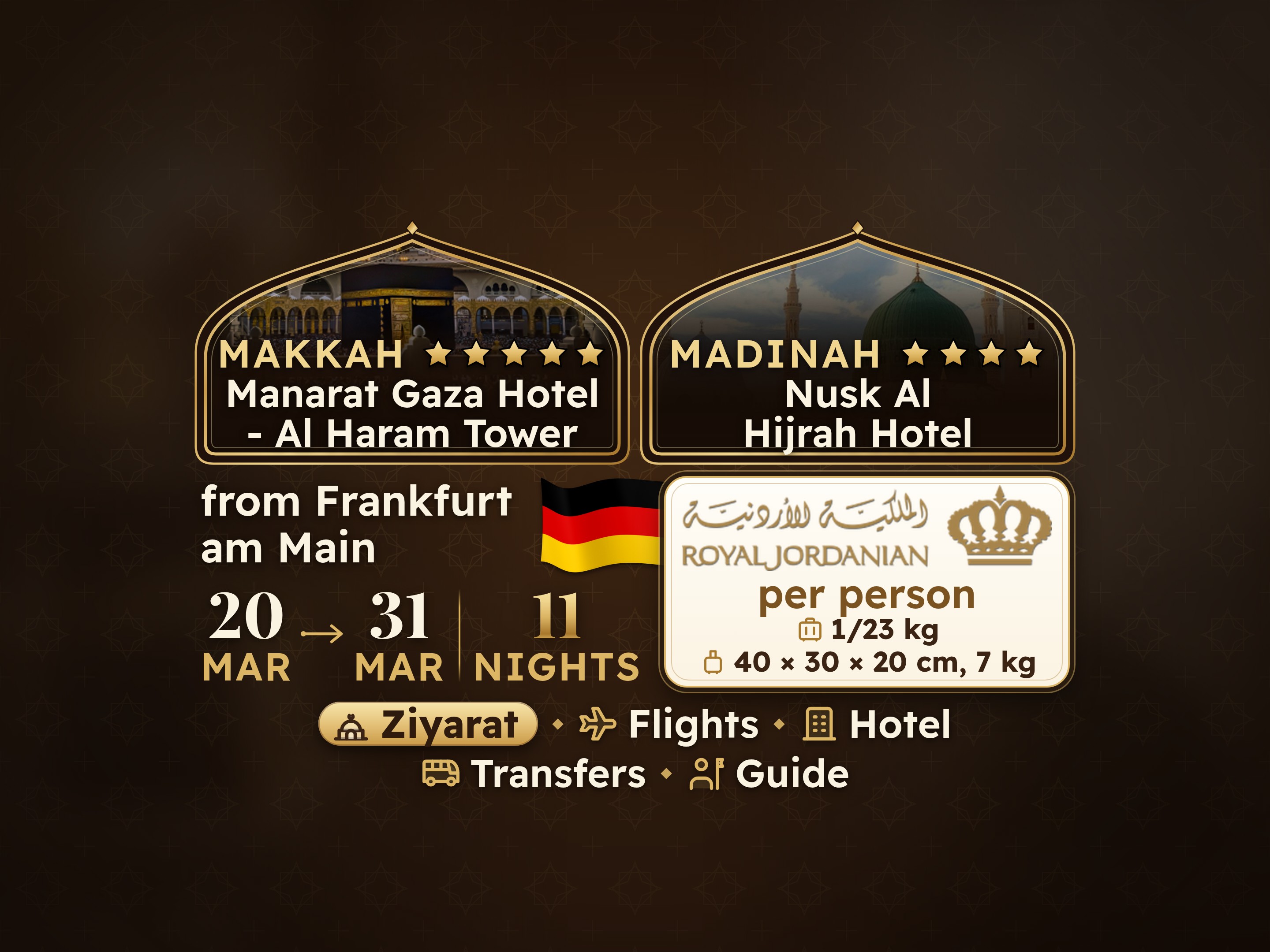 Umrah Package for 12 days 11 nights at Manarat Giza Hotel in Makkah and Nesk Al-Hijra Hotel in Madinah