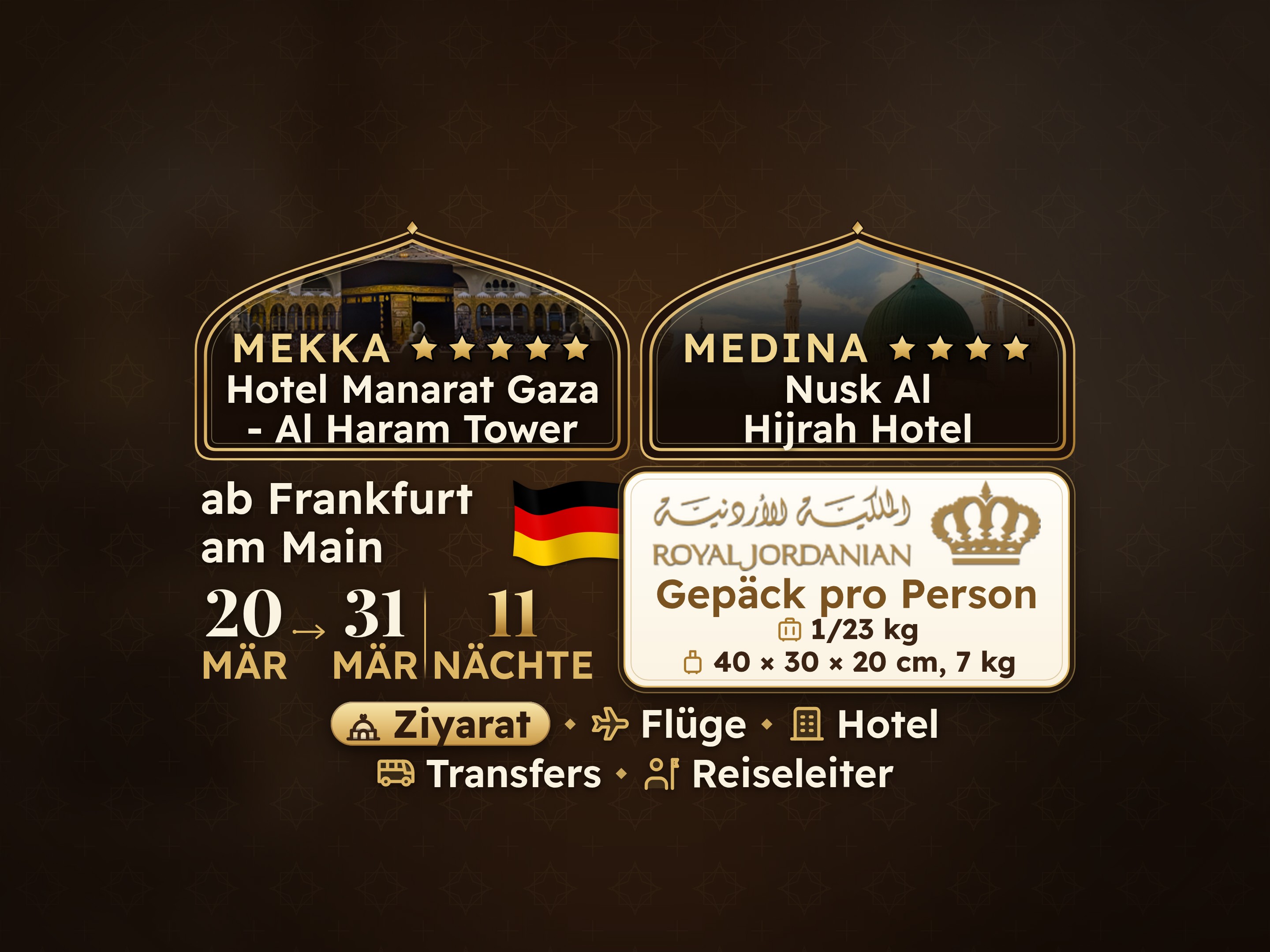 Umrah-Paket für 12 Tage und 11 Nächte im Hotel Manarat Giza in Mekka und im Hotel Nesk Al-Hijra in Medina