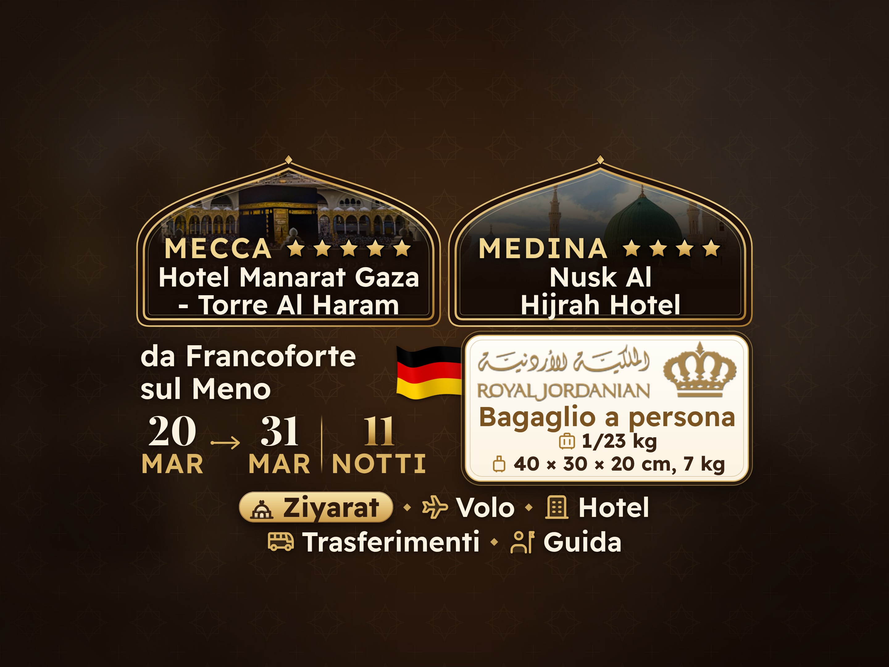 Pacchetto Umrah di 12 giorni e 11 notti presso l'hotel Manarat Giza a Makkah e l'hotel Nesk Al-Hijra a Madinah