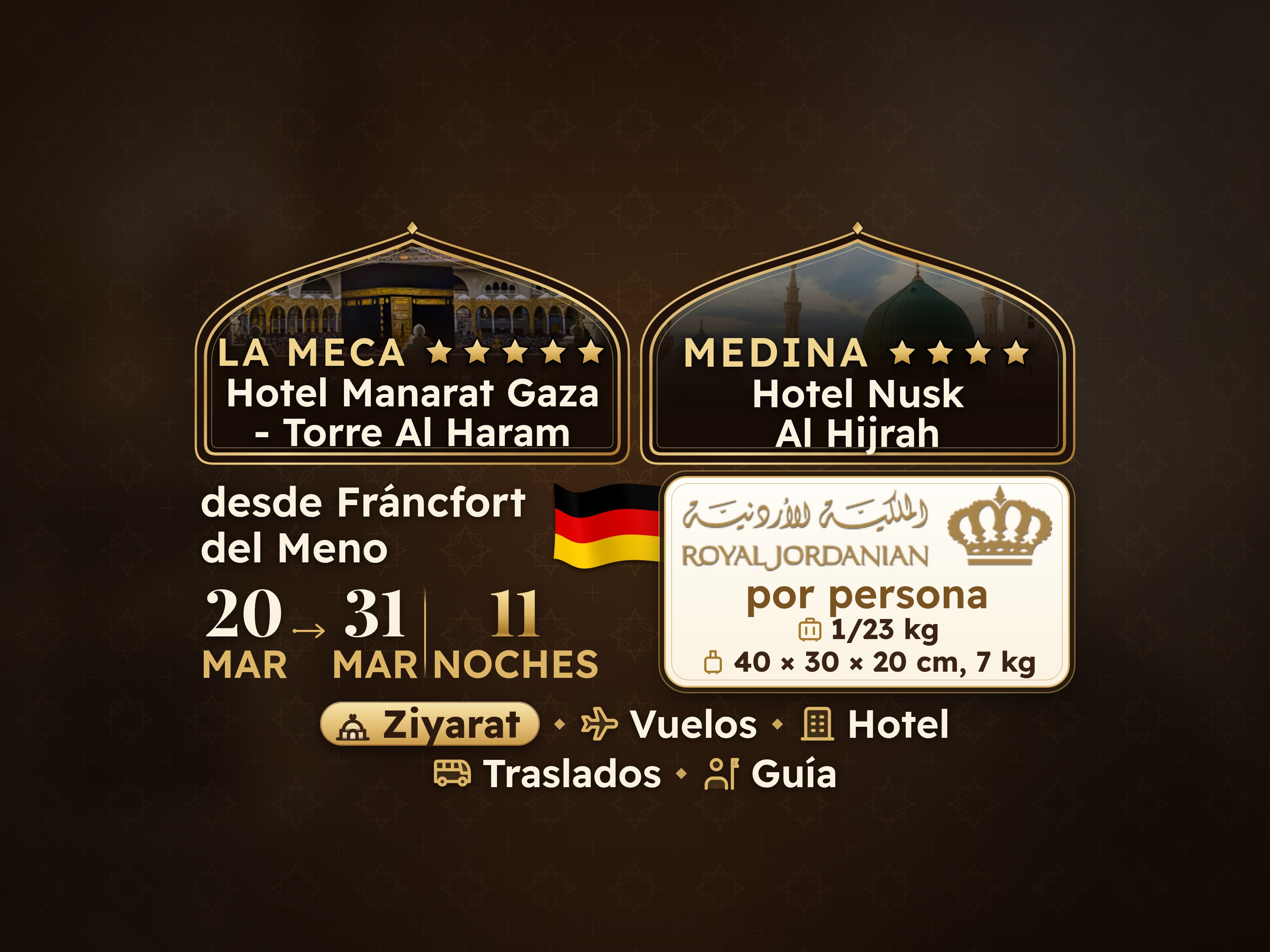 Paquete de Umrah de 12 días y 11 noches en el hotel Manarat Giza en Makkah y en el hotel Nesk Al-Hijra en Madinah