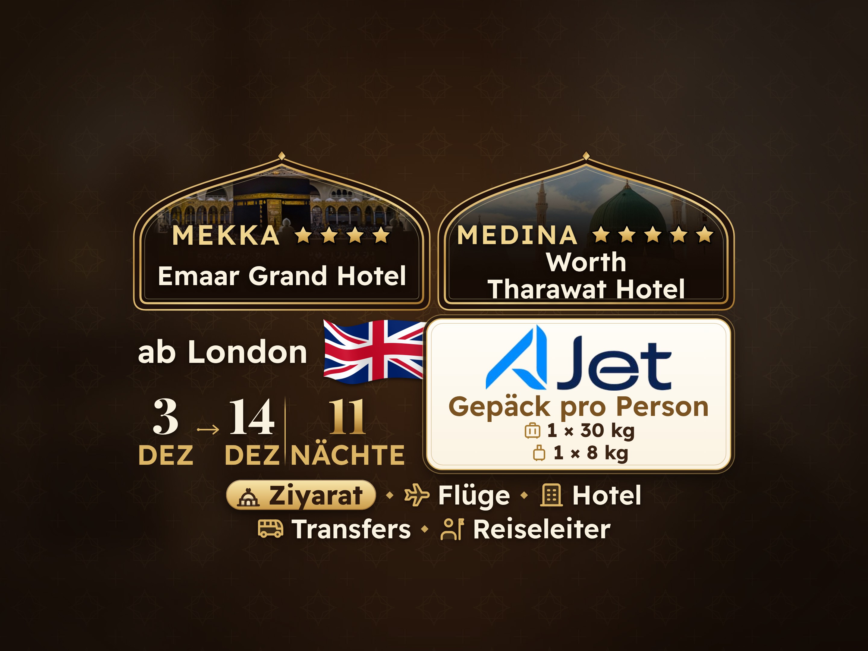 13-tägiges Umrah-Paket ab London, Tharawat Worth Madinah und Emaar Grand Makkah