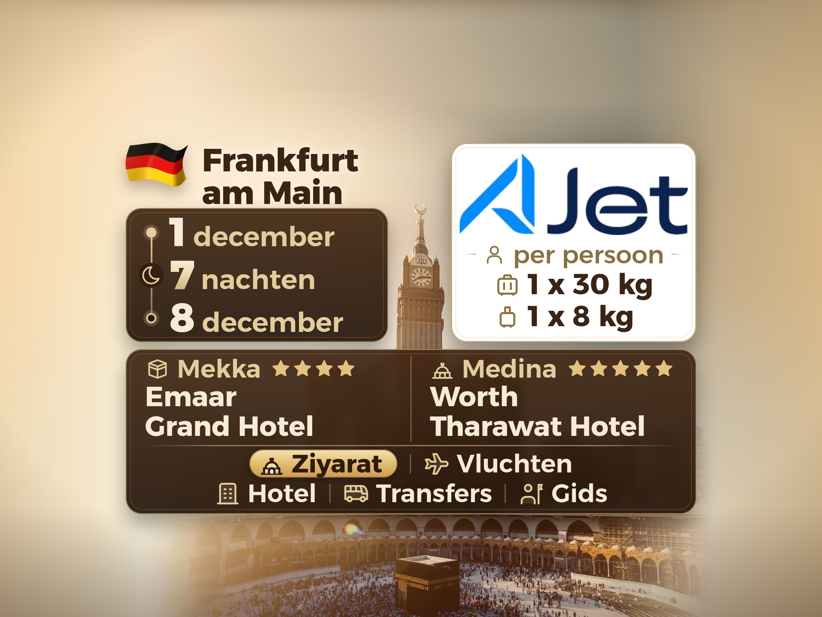 Umrah Pakket 9 Dagen vanaf Frankfurt, Emaar Grand Makkah en Tharawat Worth Madinah