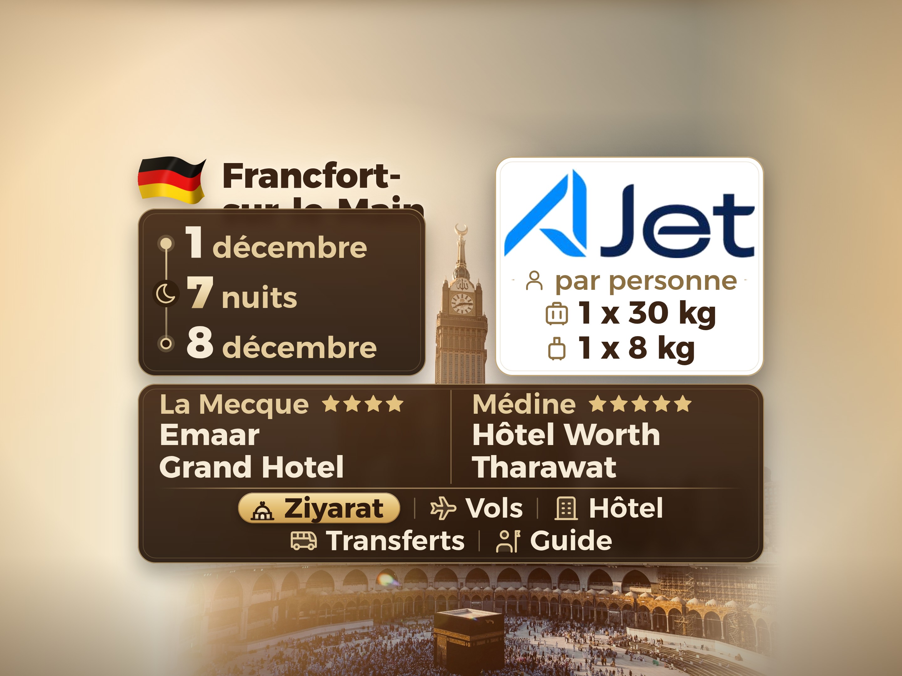 Forfait Umrah 9 Jours depuis Francfort, Emaar Grand Makkah et Tharawat Worth Madinah, La Mecque – Umrah Express – 1