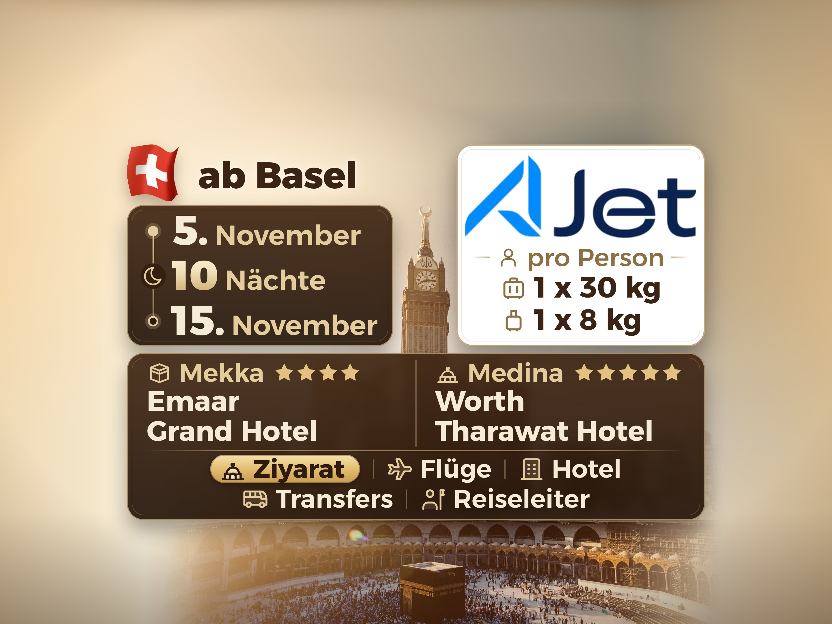 Umrah-Paket 12 Tage ab Basel, Tharawat Worth Madinah und Emaar Grand Makkah, Mekka – Umrah Express – 1