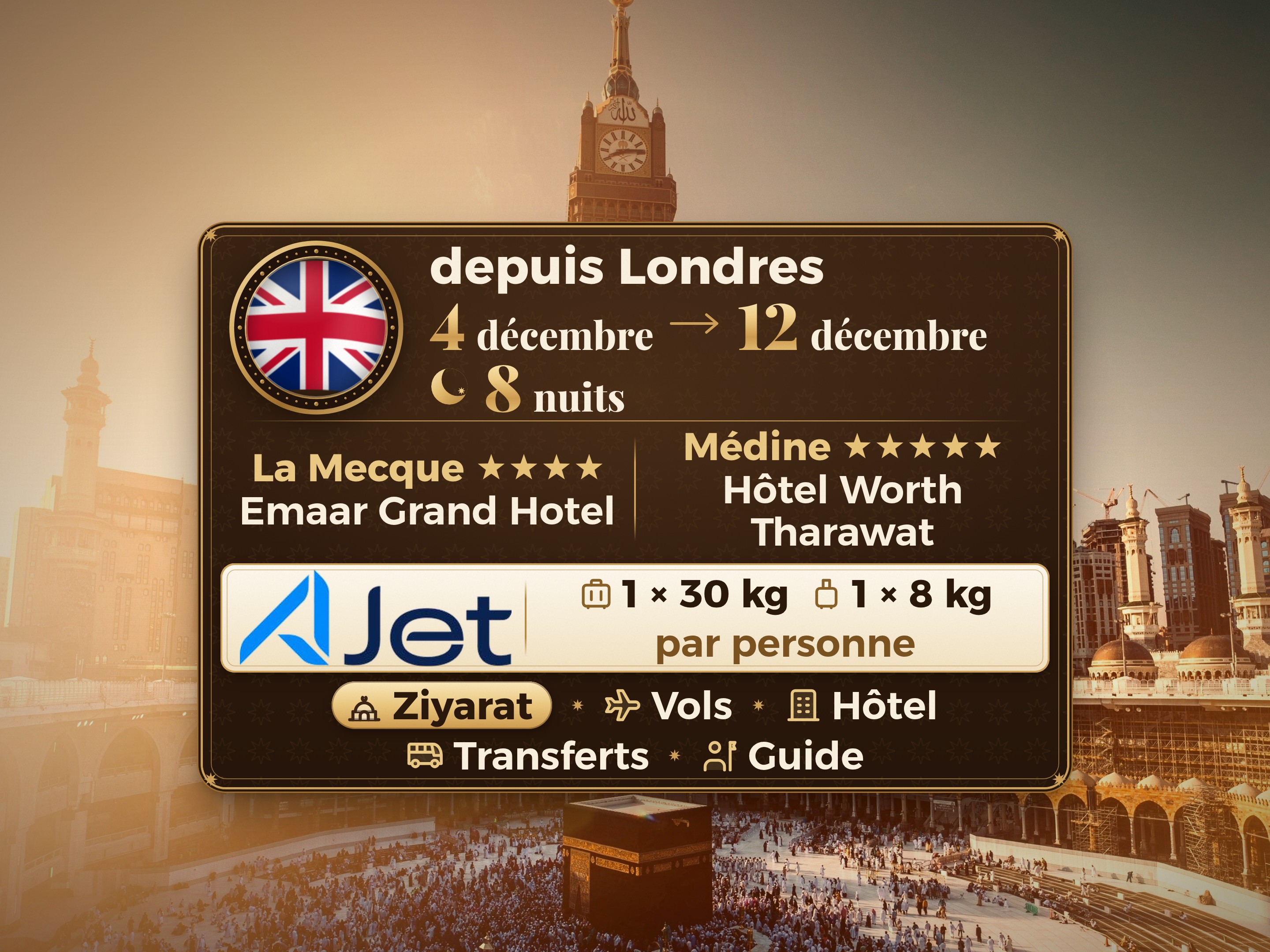 Forfait Umrah 10 Jours depuis Londres, Emaar Grand Makkah et Tharawat Worth Madinah, La Mecque – Umrah Express – 1