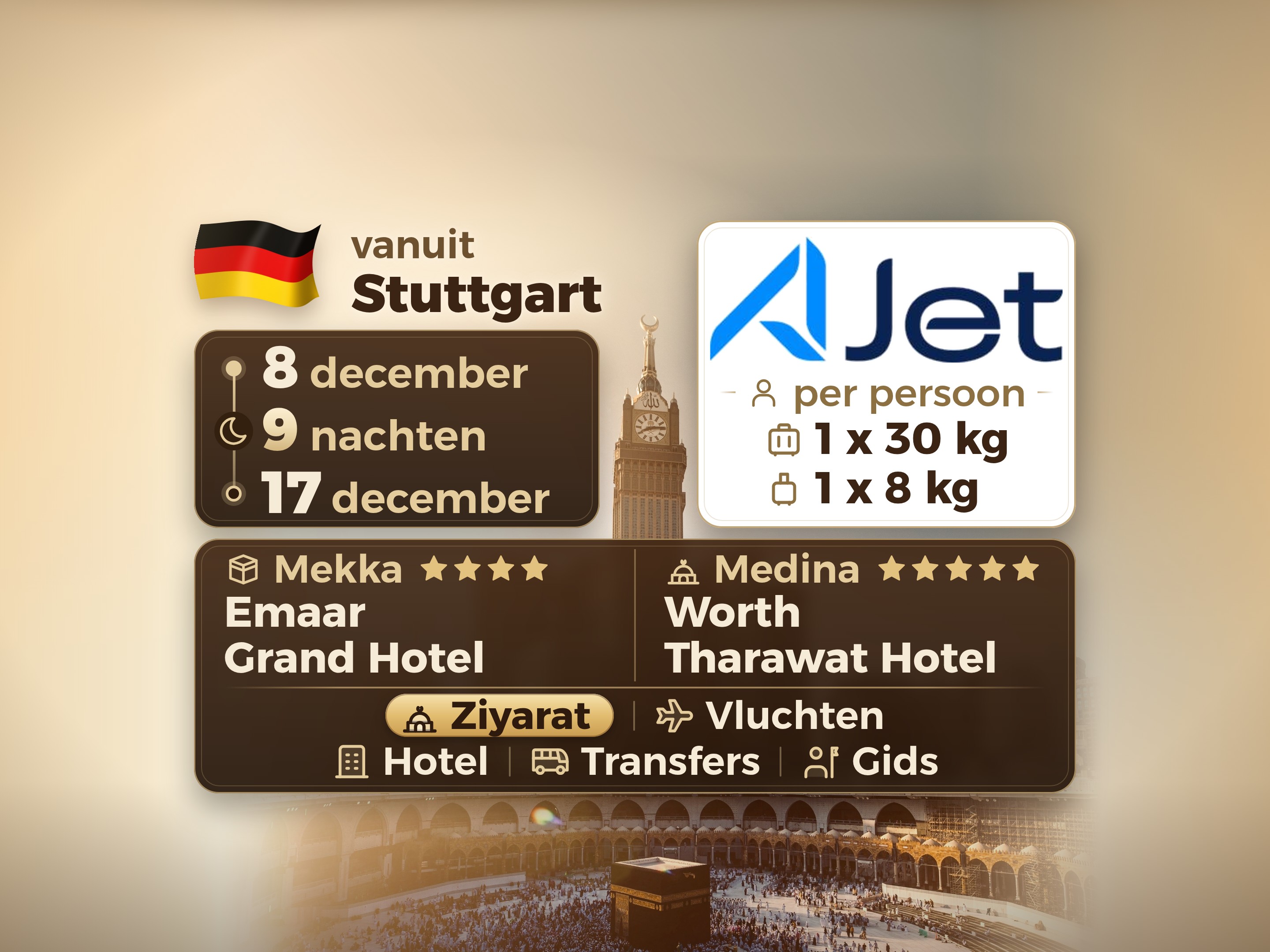 Umrah Pakket 11 Dagen vanaf Stuttgart, Tharawat Worth Madinah en Emaar Grand Makkah