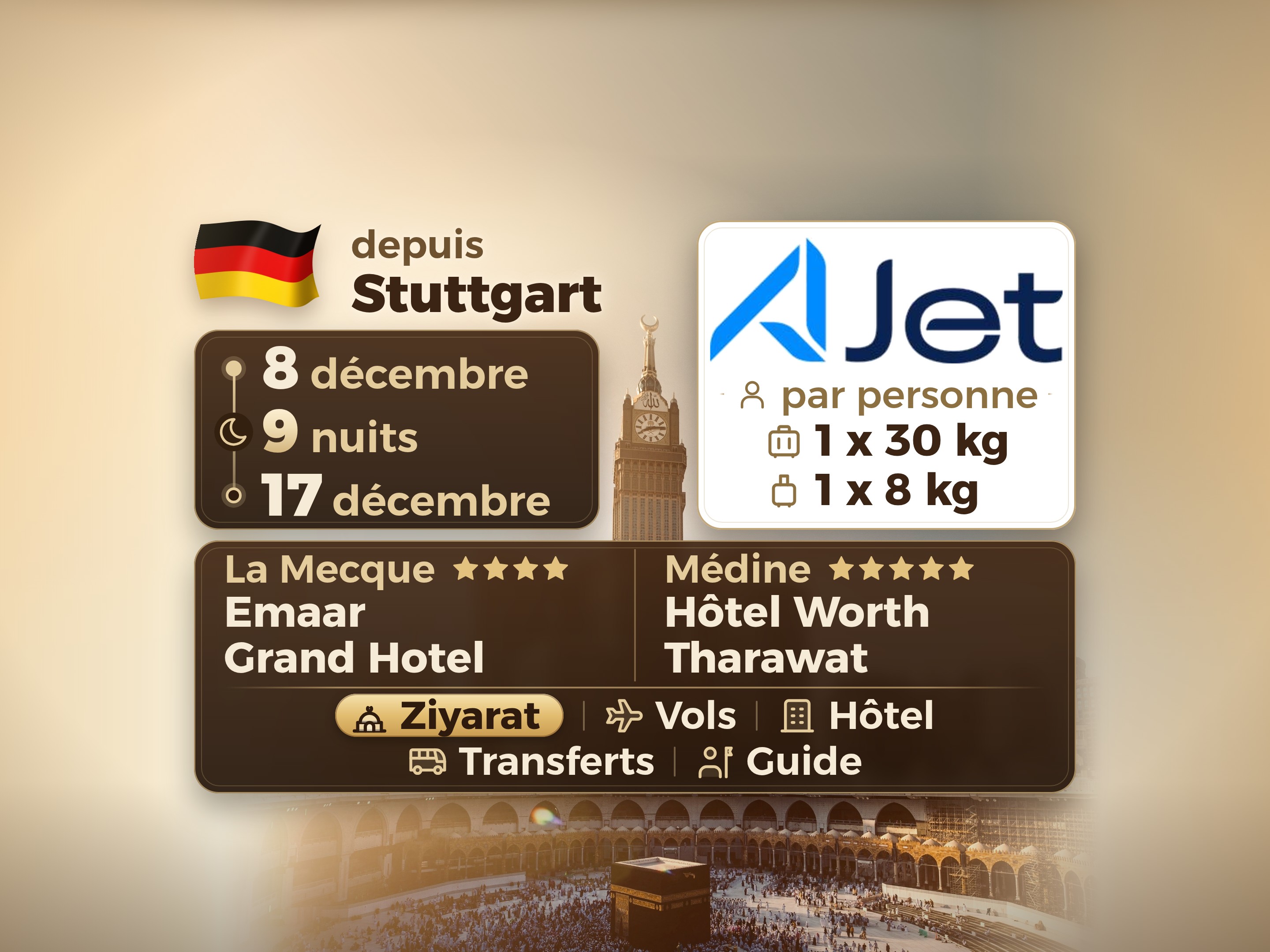 Forfait Umrah 11 Jours depuis Stuttgart, Tharawat Worth Madinah et Emaar Grand Makkah