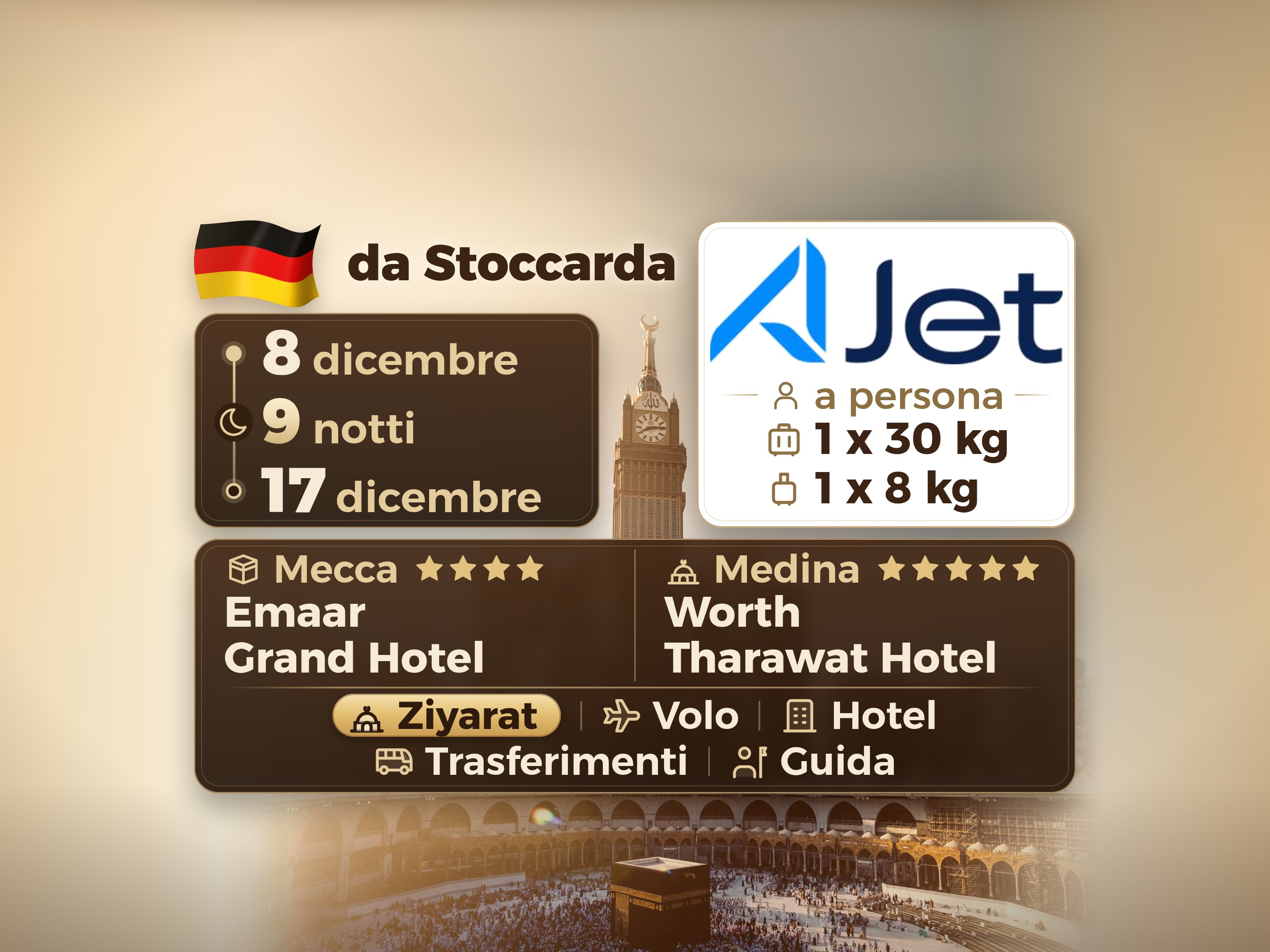 Pacchetto Umrah 11 Giorni da Stuttgart, Tharawat Worth Madinah e Emaar Grand Makkah