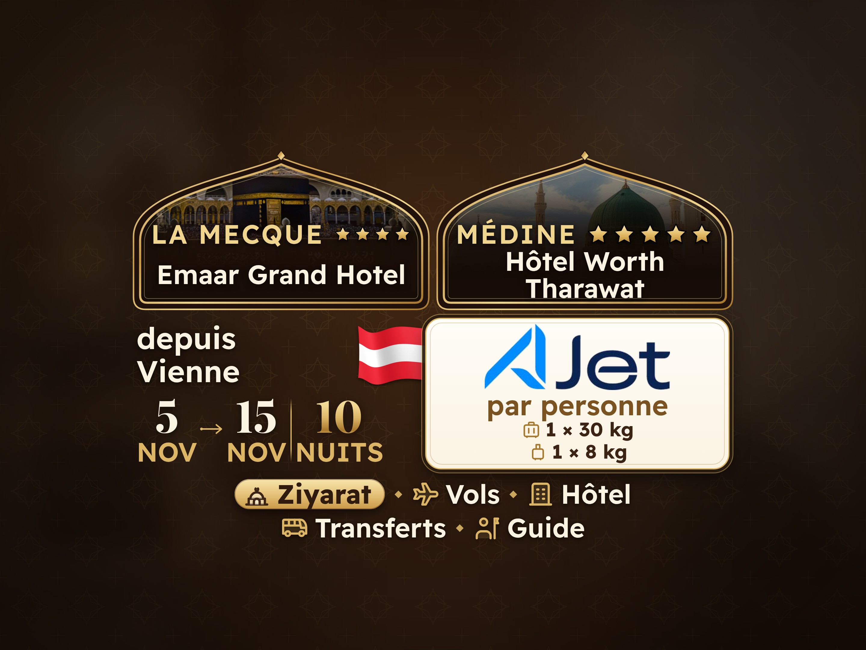 Forfait Umrah 12 Jours depuis Vienne, Tharawat Worth Madinah et Emaar Grand Makkah, La Mecque – Umrah Express – 1