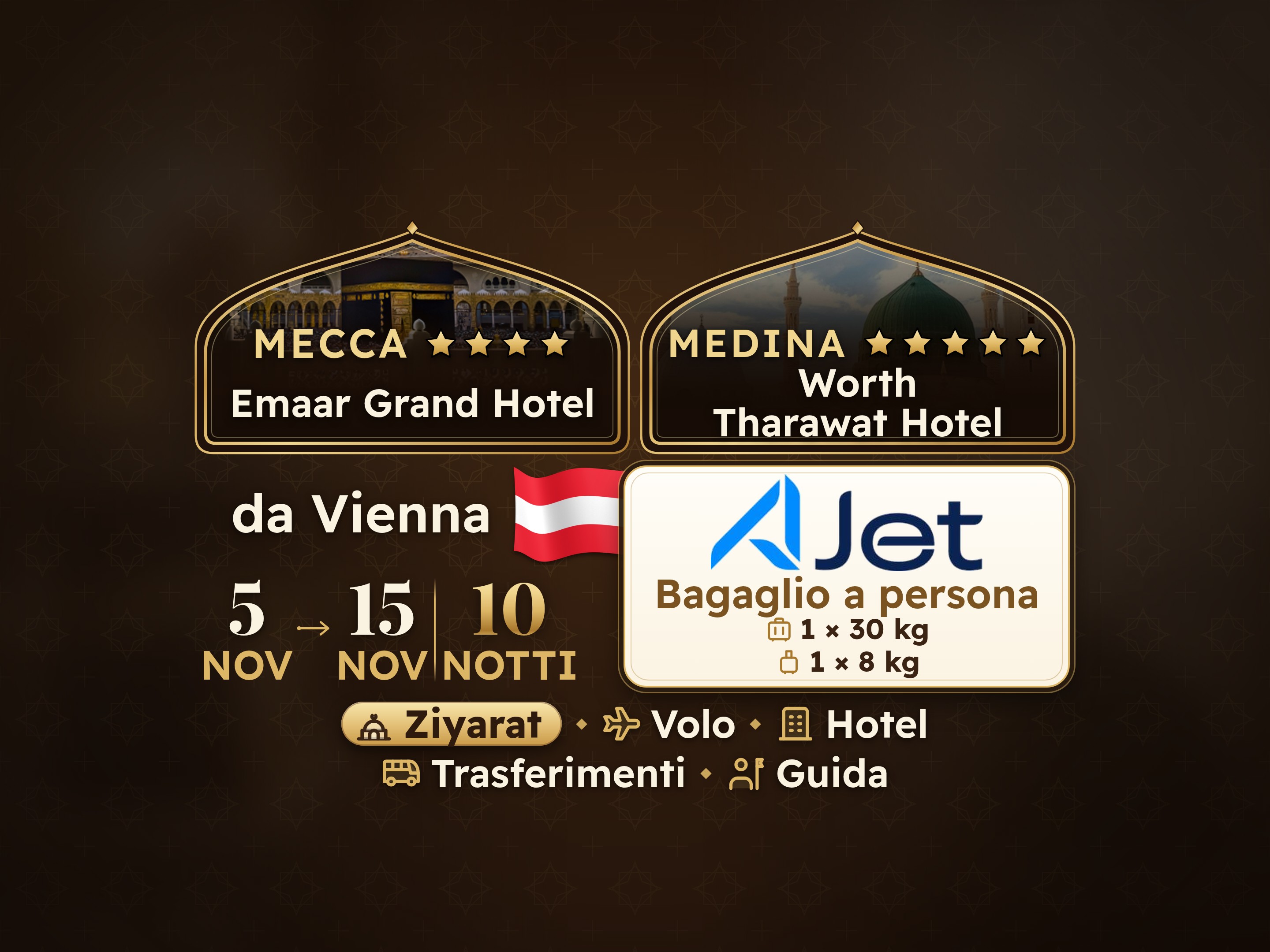 Pacchetto Umrah 12 Giorni da Vienna, Tharawat Worth Madinah e Emaar Grand Makkah, La Mecca – Umrah Express – 1