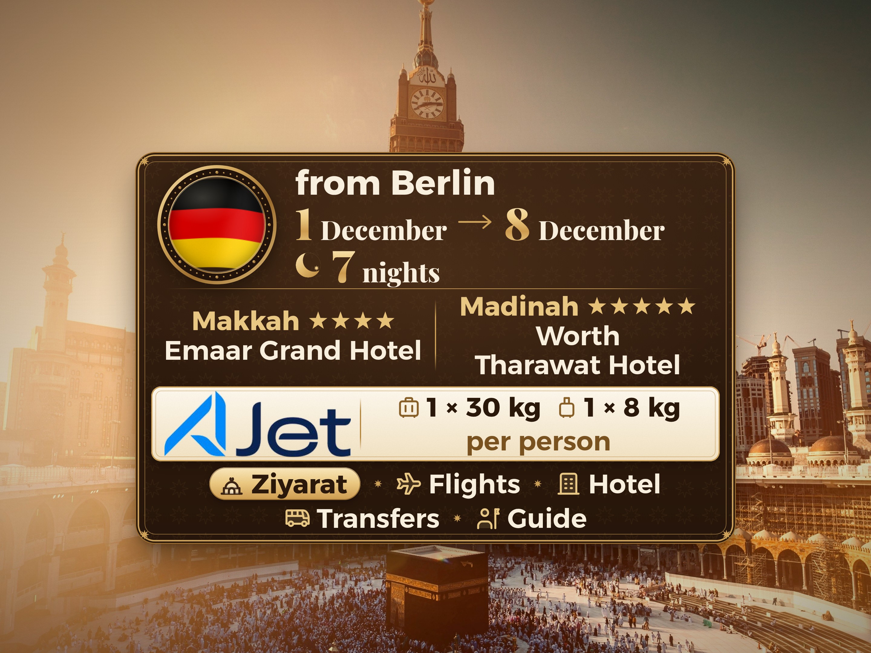Umrah Package 9 Days from Berlin, Emaar Grand Makkah and Tharawat Worth Madinah