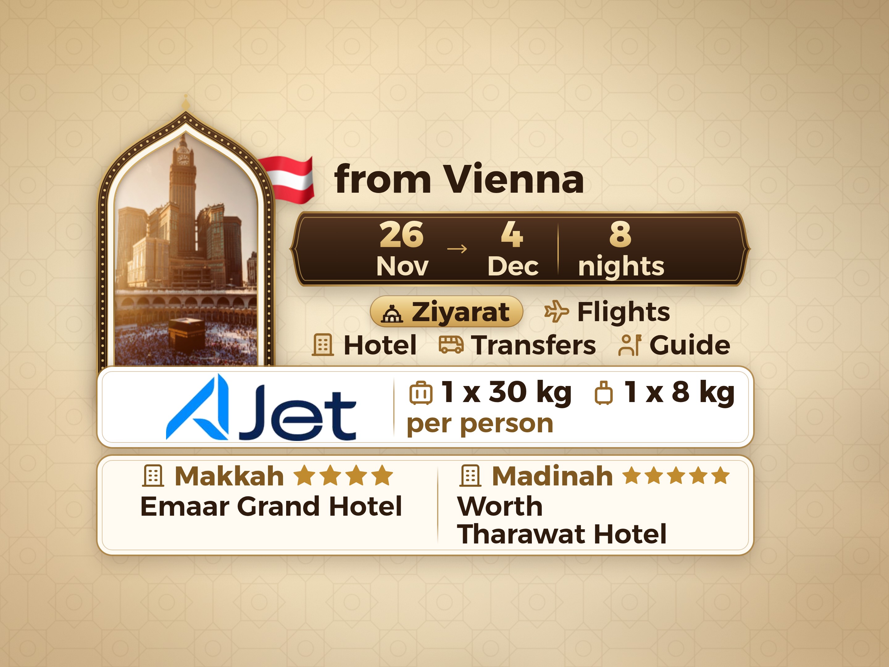 Umrah Package 10 Days from Vienna, Tharawat Worth Madinah and Emaar Grand Makkah, Makkah – Umrah Express – 1