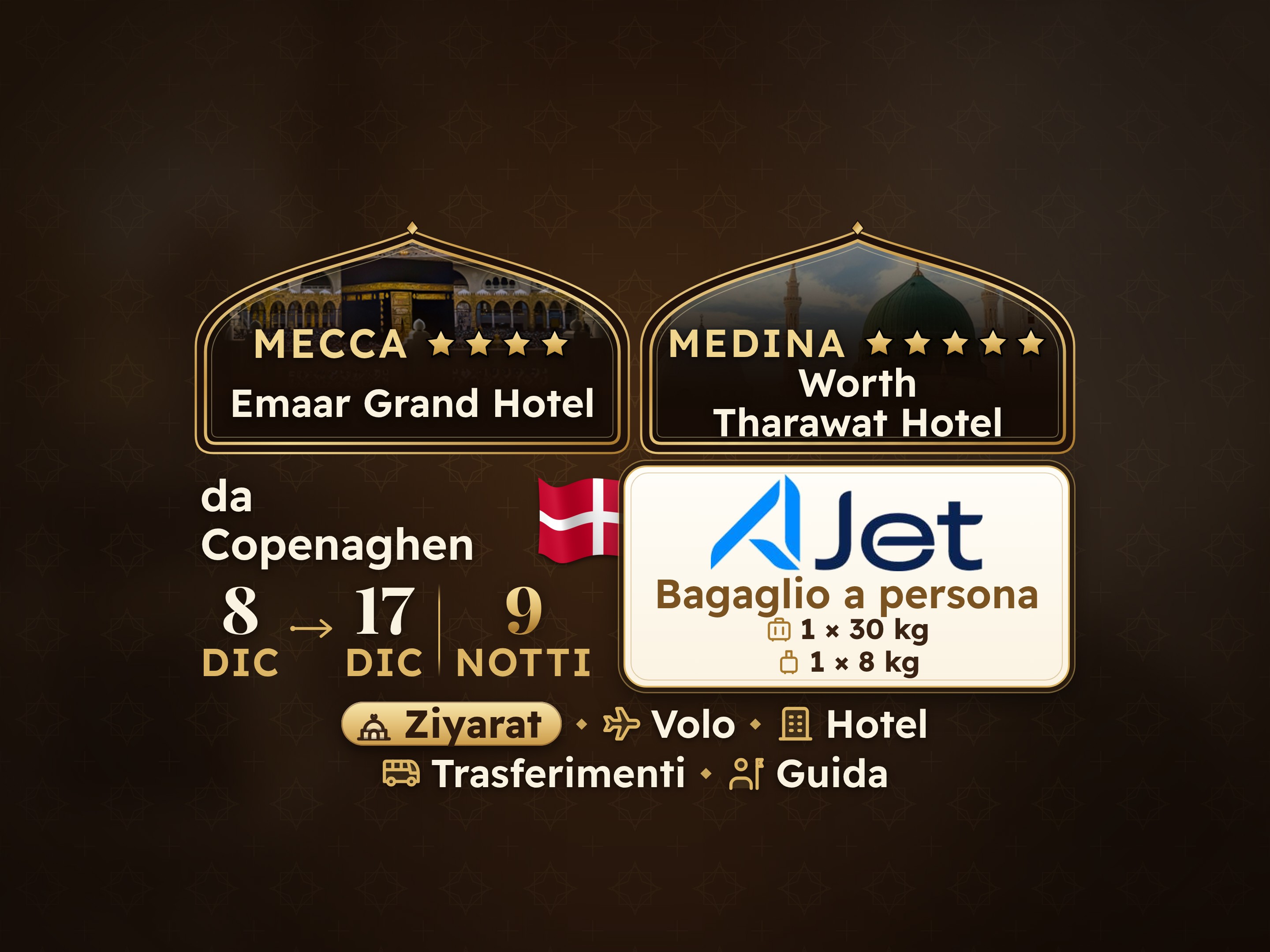 Pacchetto Umrah 11 Giorni da Copenaghen, Tharawat Worth Madinah e Emaar Grand Makkah