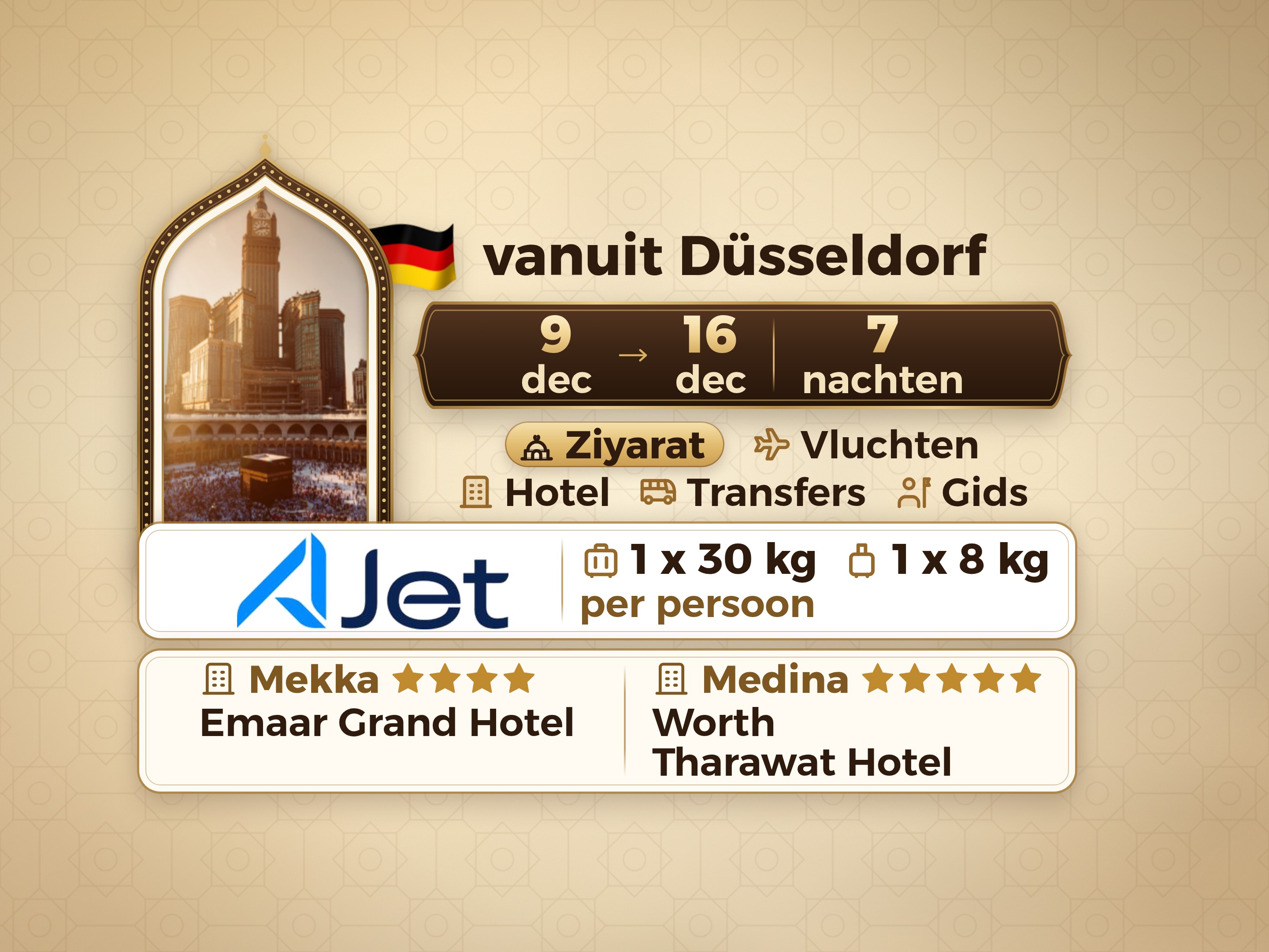 9-daags Umrah-pakket vanaf Dusseldorf, Emaar Grand Makkah en Tharawat Worth Madinah, Mekka – Umrah Express – 1