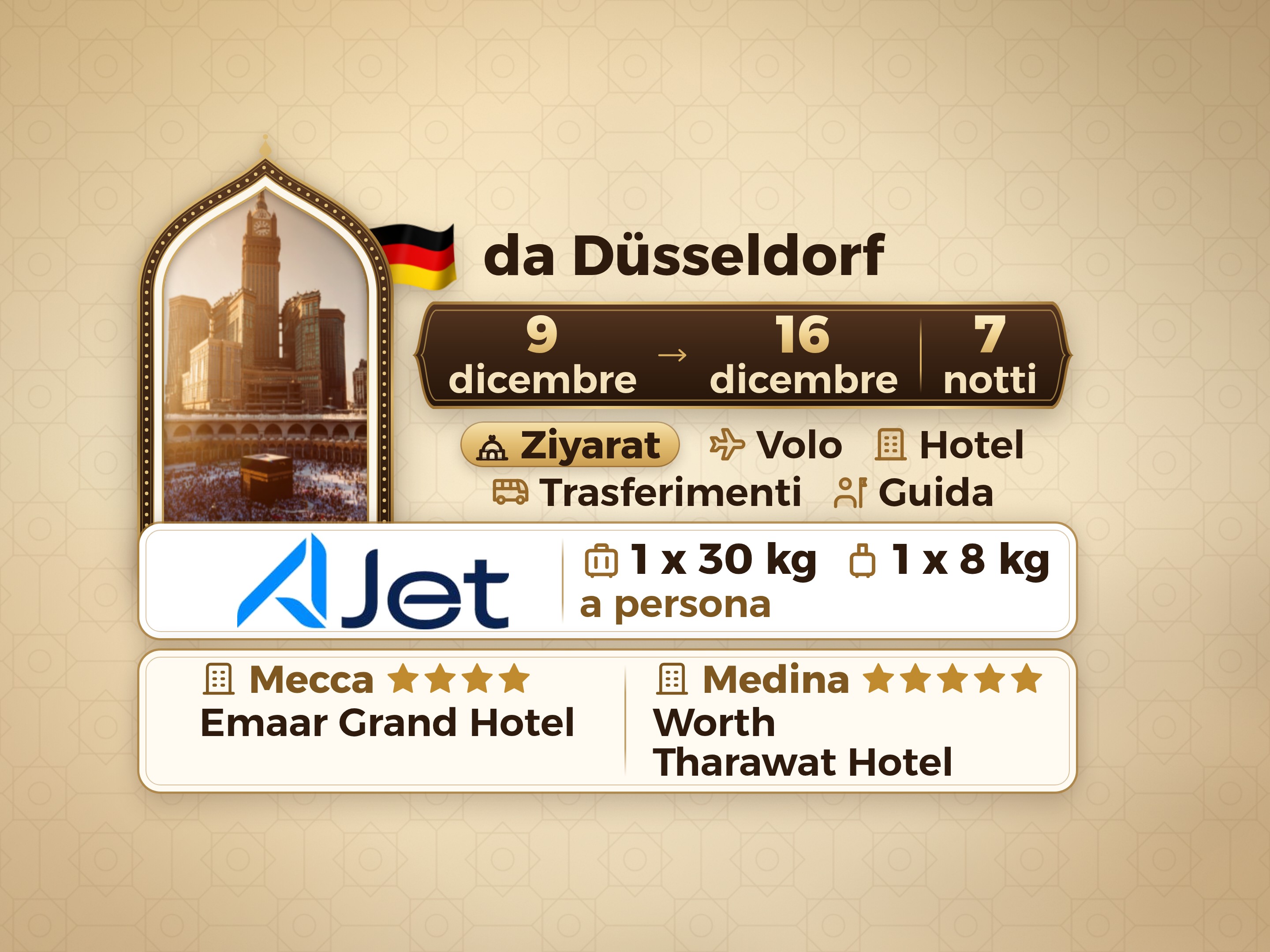 Pacchetto Umrah di 9 giorni da Dusseldorf, Emaar Grand Makkah e Tharawat Worth Madinah