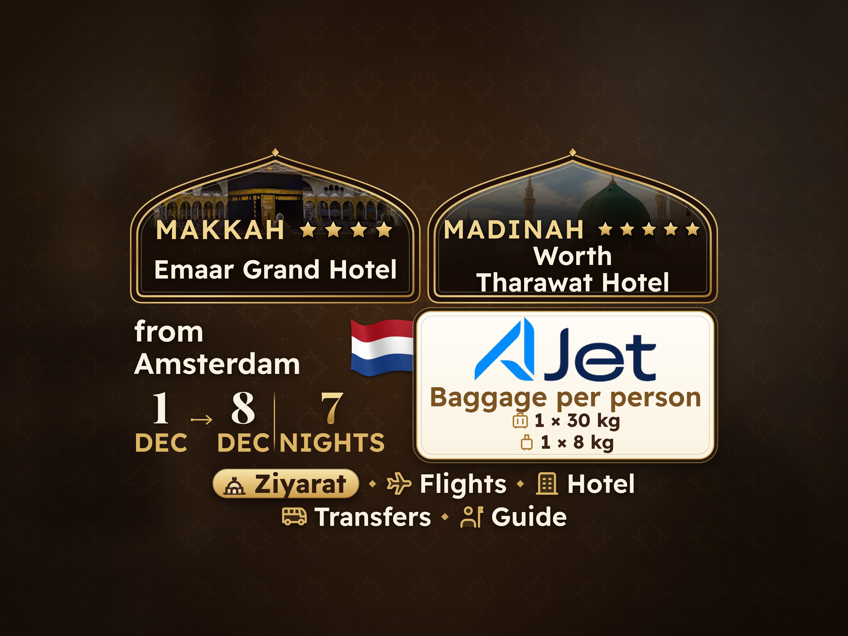Umrah Package 9 Days from Amsterdam, Emaar Grand Makkah and Tharawat Worth Madinah, Makkah – Umrah Express – 1