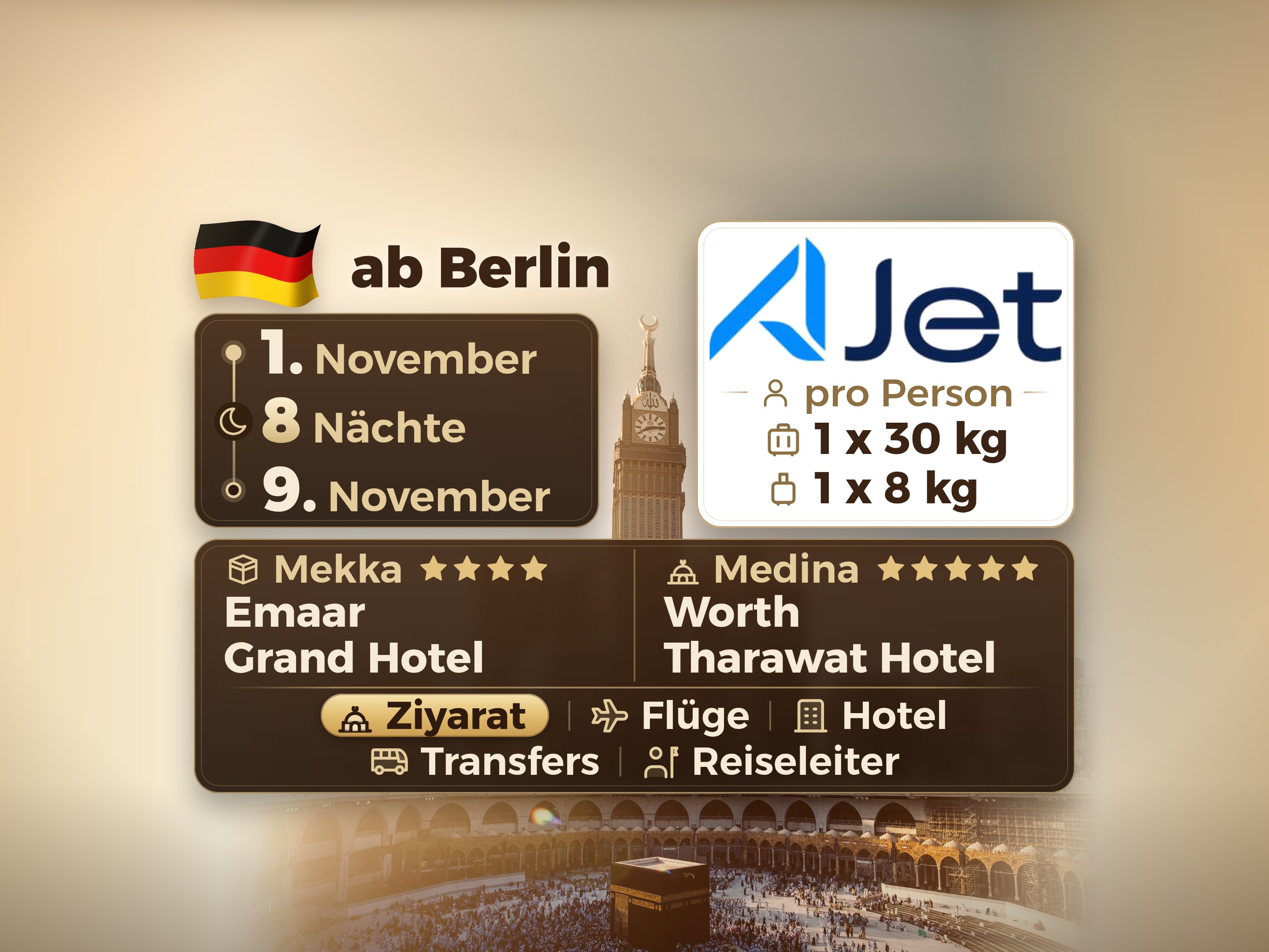 Umrah-Paket 10 Tage ab Berlin, Tharawat Worth Madinah und Emaar Grand Makkah, Mekka – Umrah Express – 1