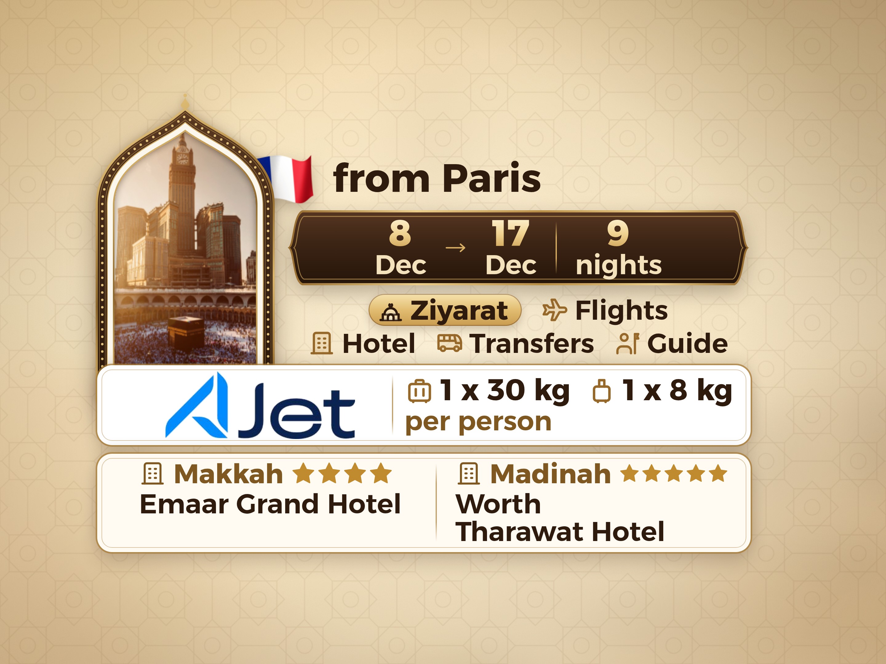 Umrah Package 11 Days from Paris, Tharawat Worth Madinah and Emaar Grand Makkah