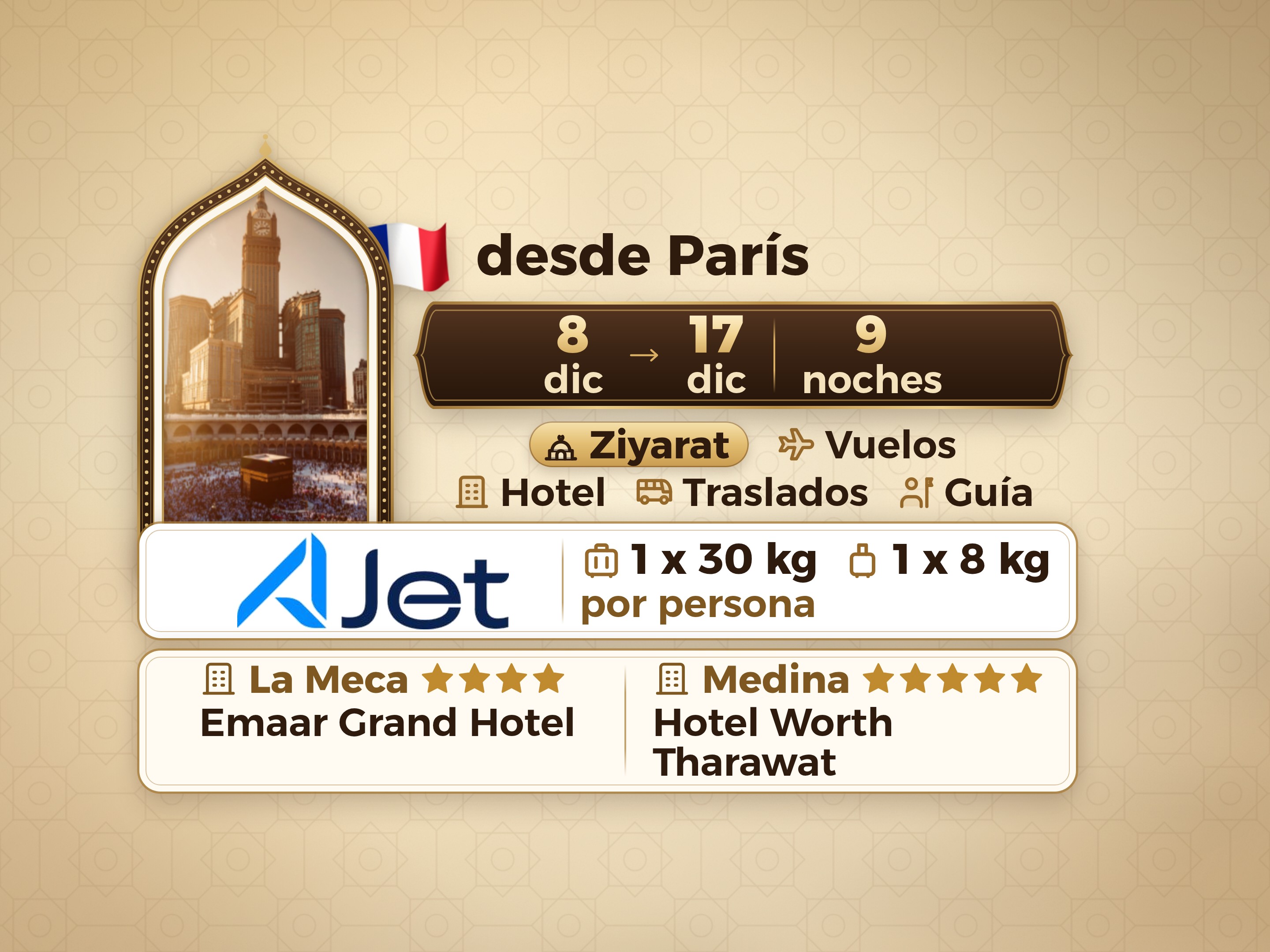 Paquete de Umrah 11 Días desde París, Tharawat Worth Madinah y Emaar Grand Makkah