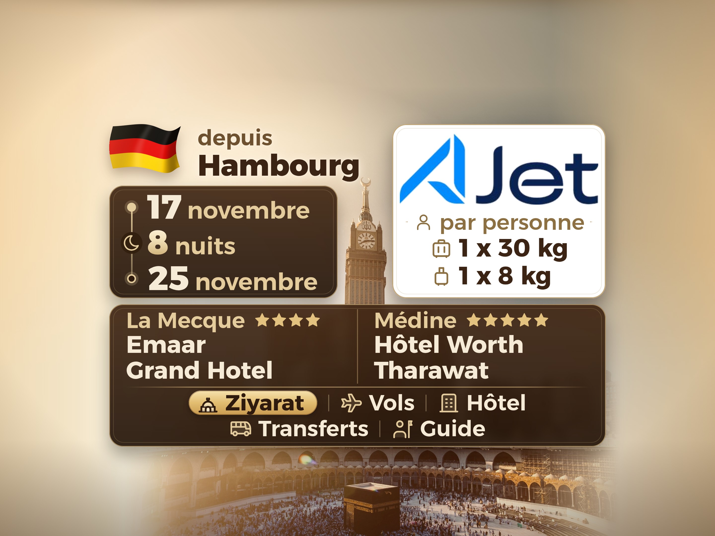 Forfait Umrah 10 Jours depuis Hambourg, Tharawat Worth Madinah et Emaar Grand Makkah, La Mecque – Umrah Express – 1
