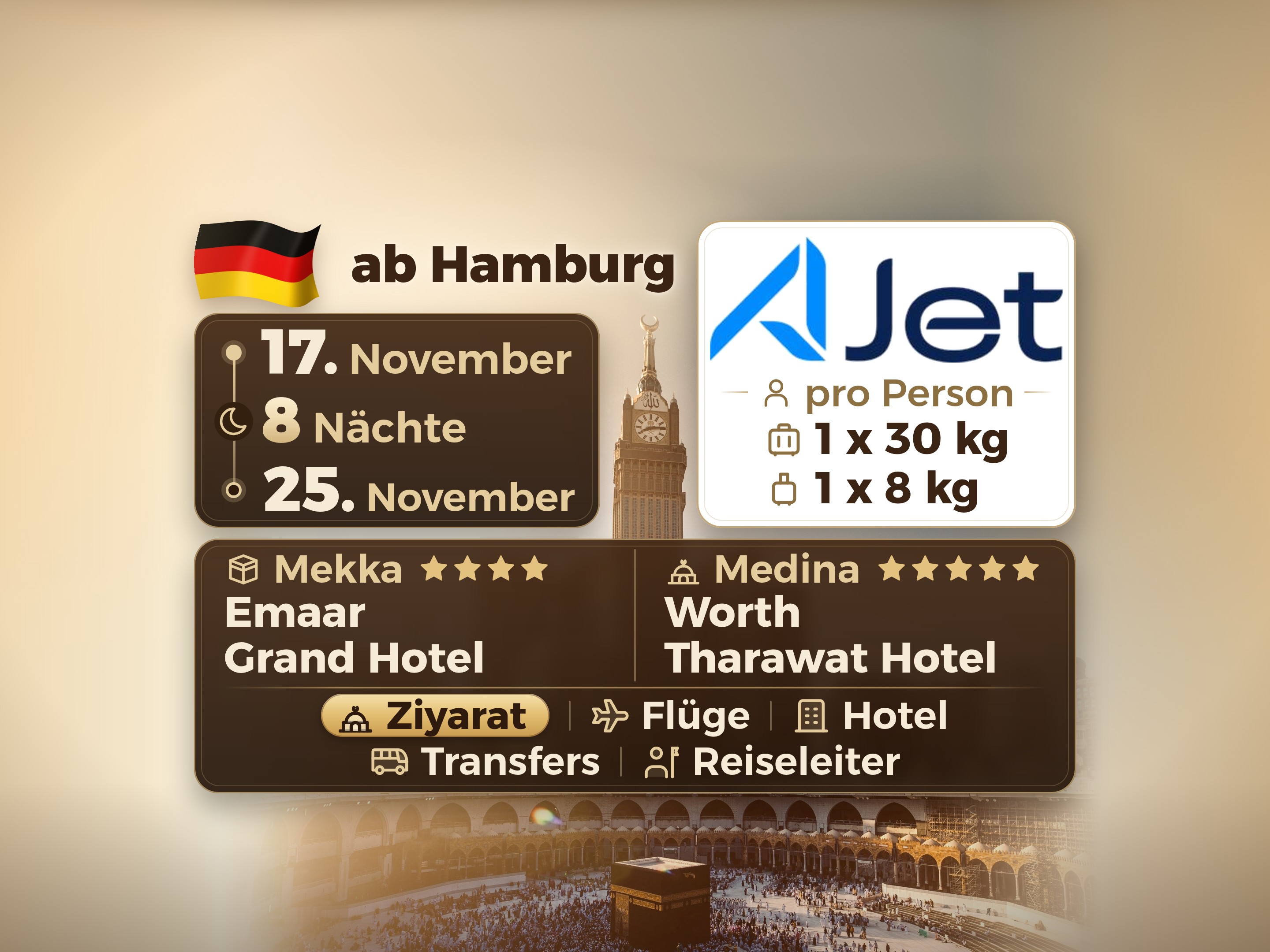 Umrah-Paket 10 Tage ab Hamburg, Tharawat Worth Madinah und Emaar Grand Makkah, Mekka – Umrah Express – 1