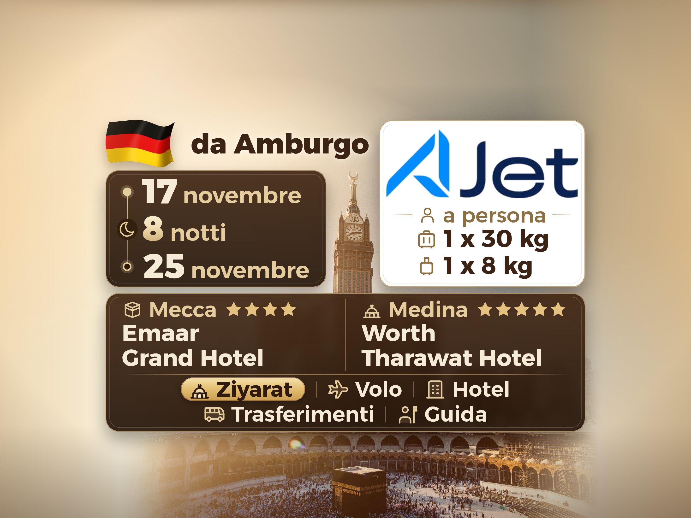 Pacchetto Umrah 10 Giorni da Amburgo, Tharawat Worth Madinah e Emaar Grand Makkah, La Mecca – Umrah Express – 1