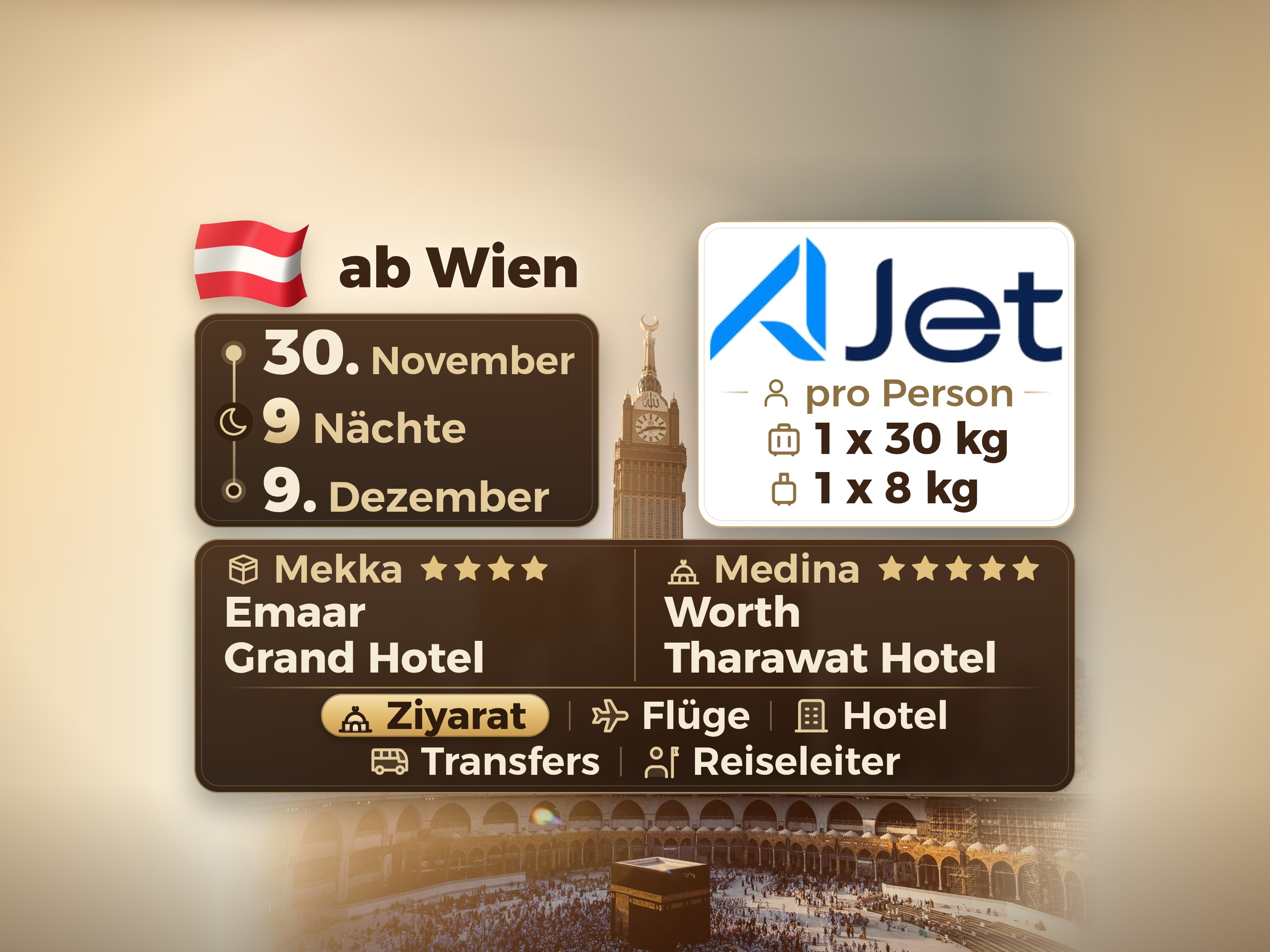 Umrah-Paket 11 Tage von Wien, Tharawat Worth Madinah und Emaar Grand Makkah, Mekka – Umrah Express – 1