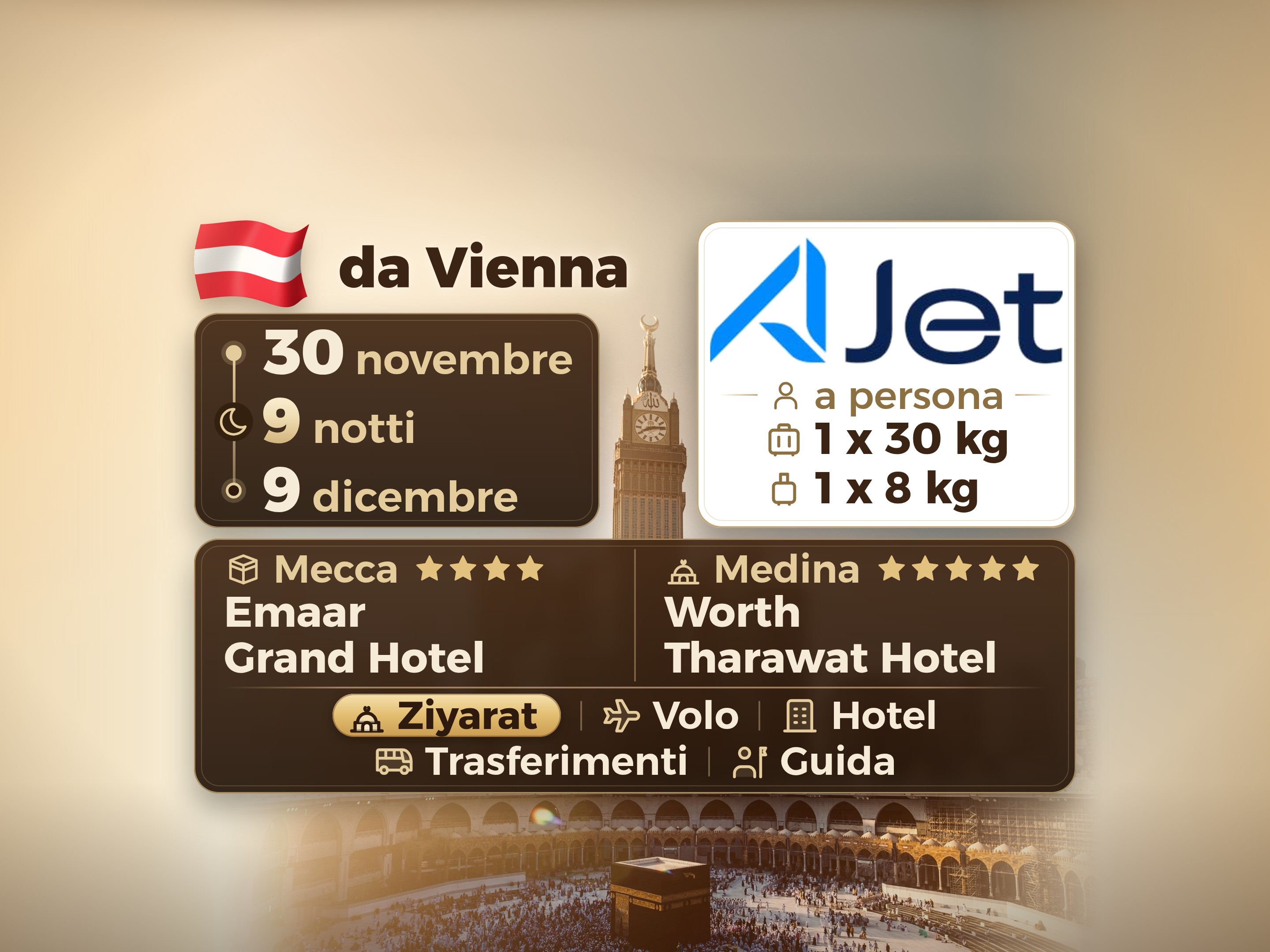 Pacchetto Umrah 11 Giorni da Vienna, Tharawat Worth Madinah e Emaar Grand Makkah, La Mecca – Umrah Express – 1