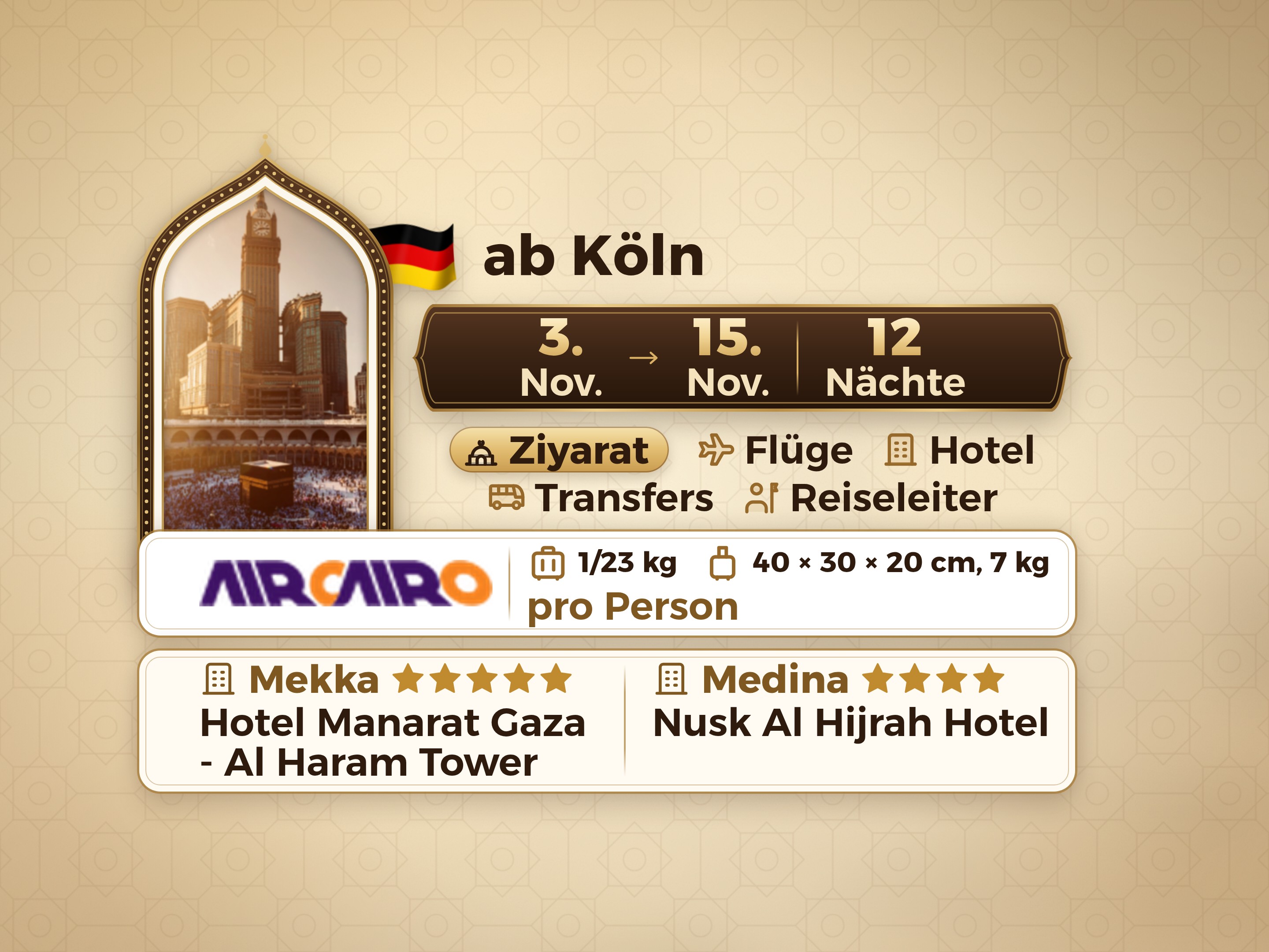 Umrah-Paket für 13 Tage und 12 Nächte im Manarat Giza Hotel in Mekka und im Nesk Al-Hijra Hotel in Medina