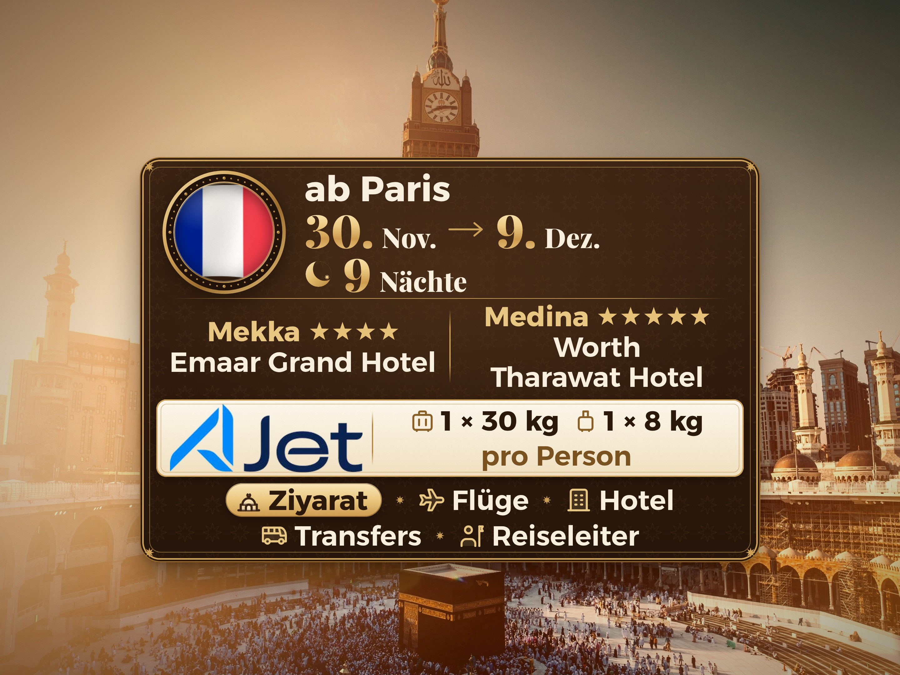 Umrah-Paket 11 Tage ab Paris, Tharawat Worth Madinah und Emaar Grand Makkah, Mekka – Umrah Express – 1
