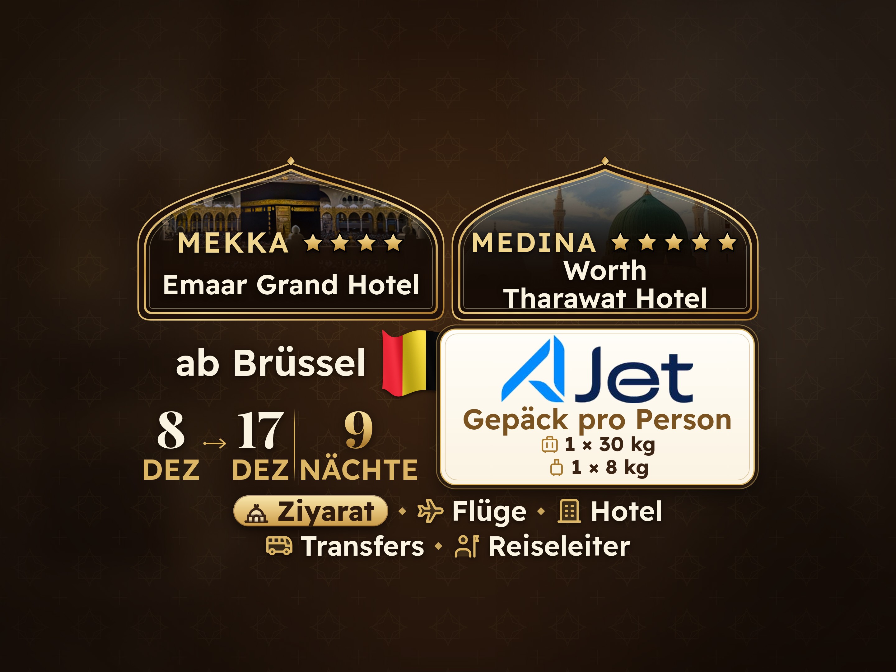 Umrah-Paket 11 Tage ab Brüssel, Tharawat Worth Madinah und Emaar Grand Makkah