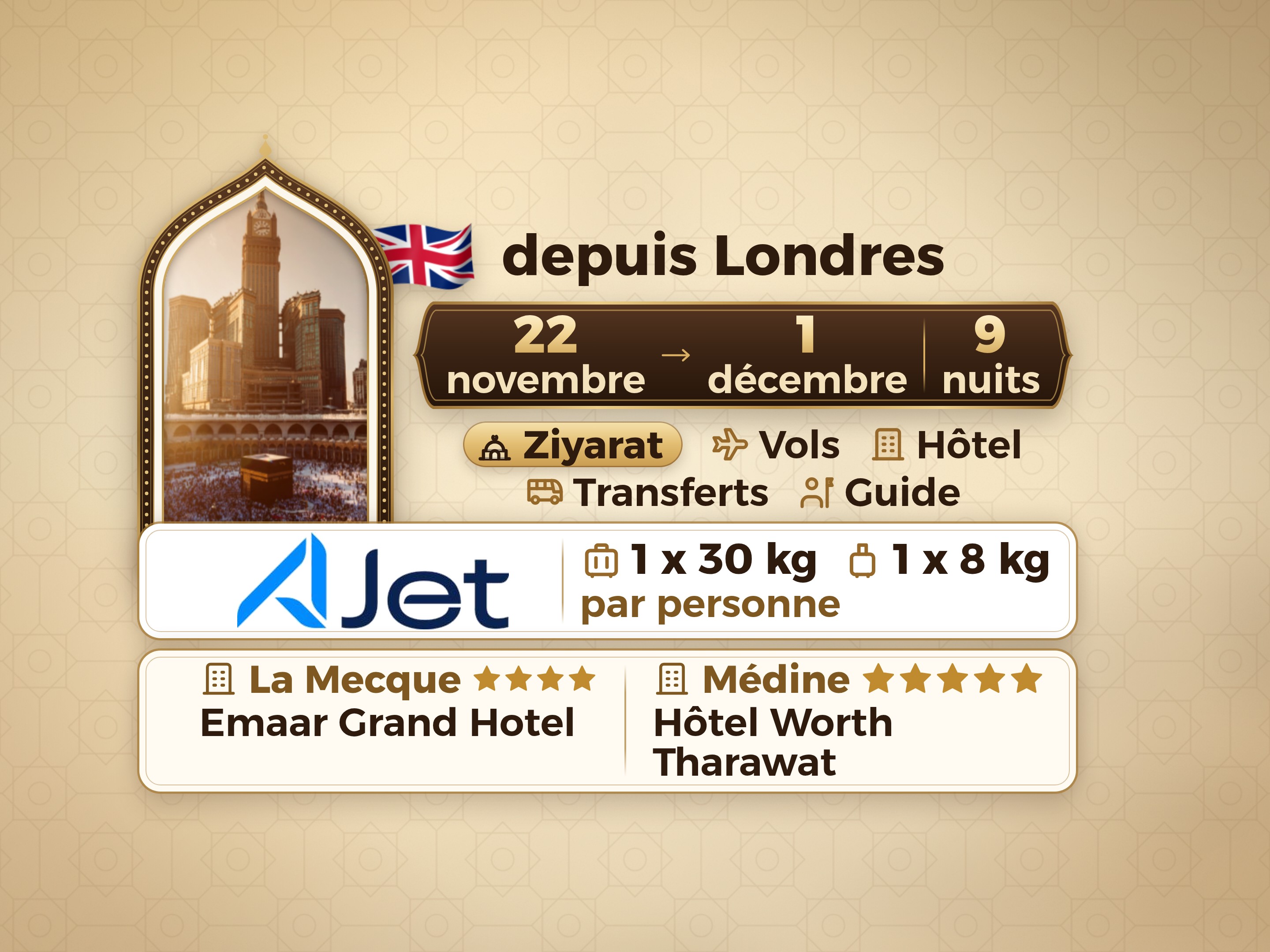 Forfait Umrah 11 Jours depuis Londres, Tharawat Worth Madinah et Emaar Grand Makkah, La Mecque – Umrah Express – 1
