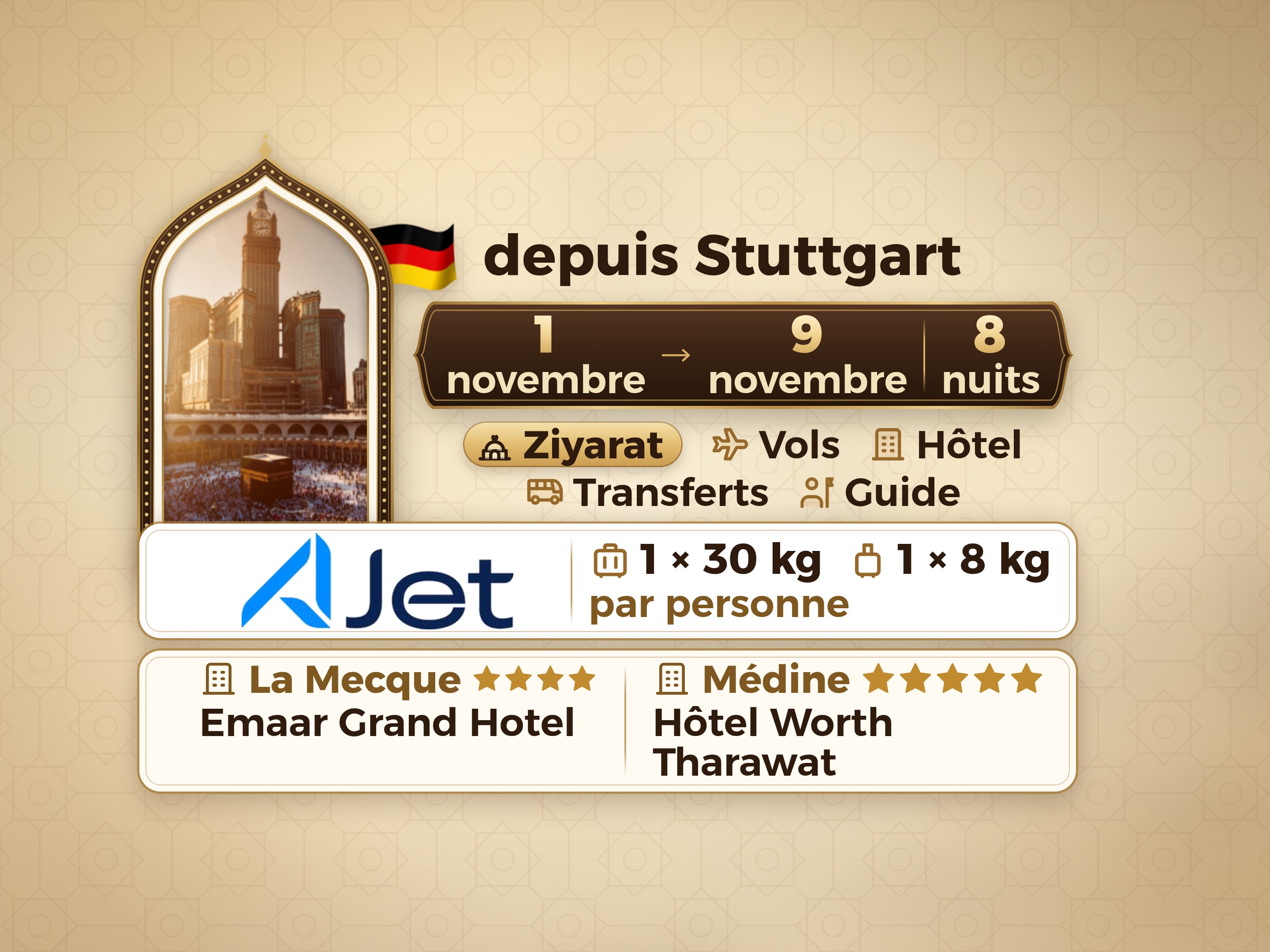 Forfait Umrah 10 Jours depuis Stuttgart, Tharawat Worth Madinah et Emaar Grand Makkah, La Mecque – Umrah Express – 1