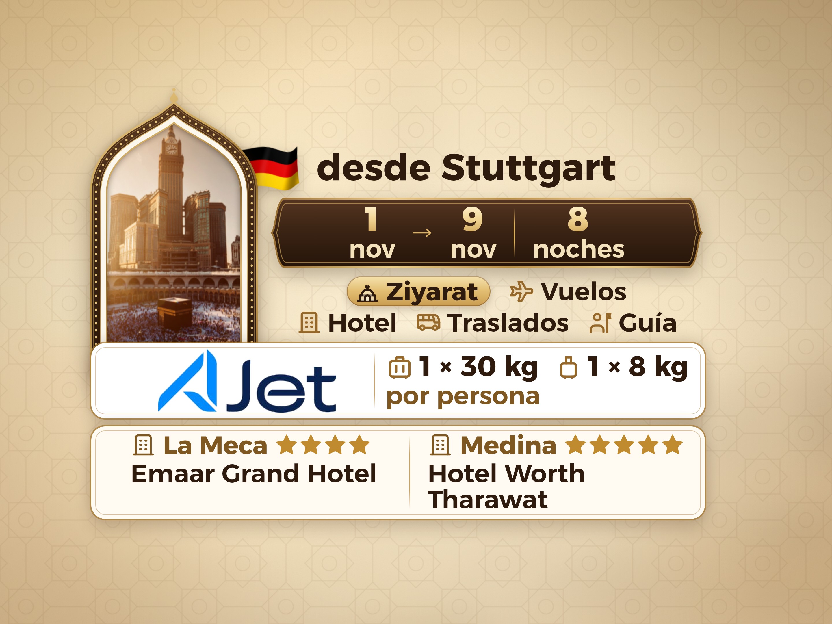 Paquete de Umrah de 10 Días desde Stuttgart, Tharawat Worth Madinah y Emaar Grand Makkah, La Meca – Umrah Express – 1