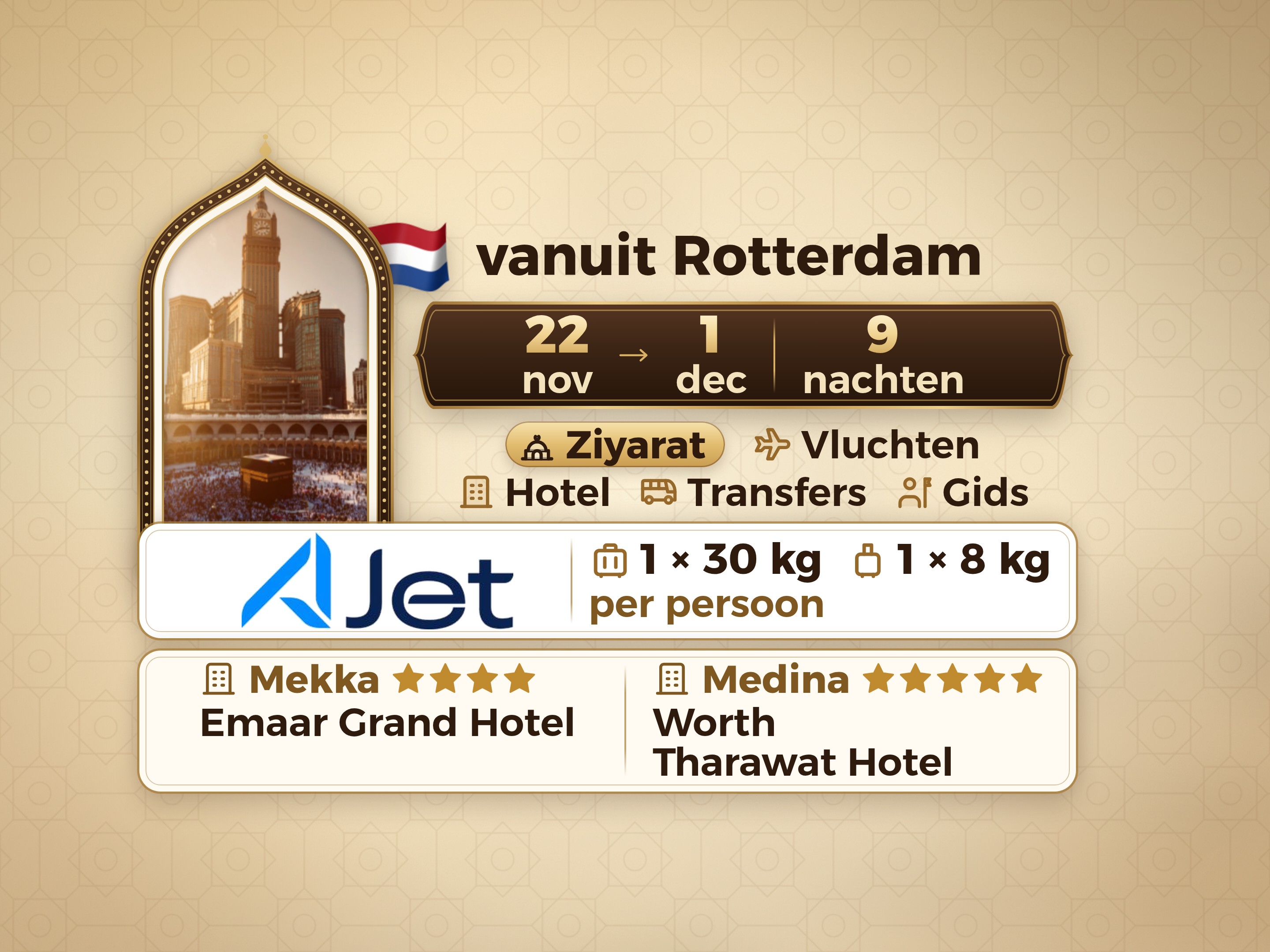 Umrah Pakket 11 Dagen vanaf Rotterdam, Tharawat Worth Madinah en Emaar Grand Makkah, Mekka – Umrah Express – 1