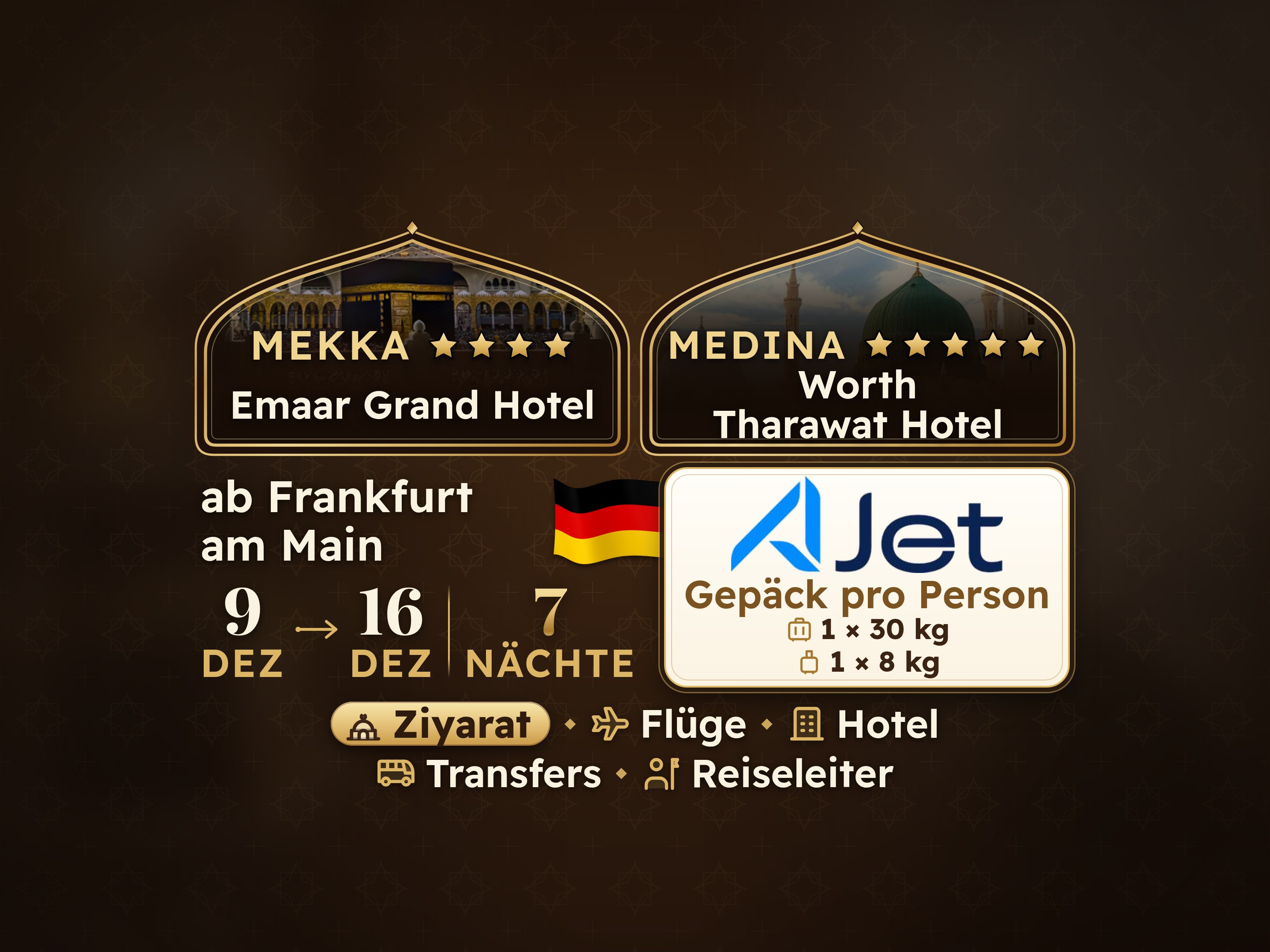 Umrah-Paket 9 Tage ab Frankfurt, Emaar Grand Makkah und Tharawat Worth Madinah
